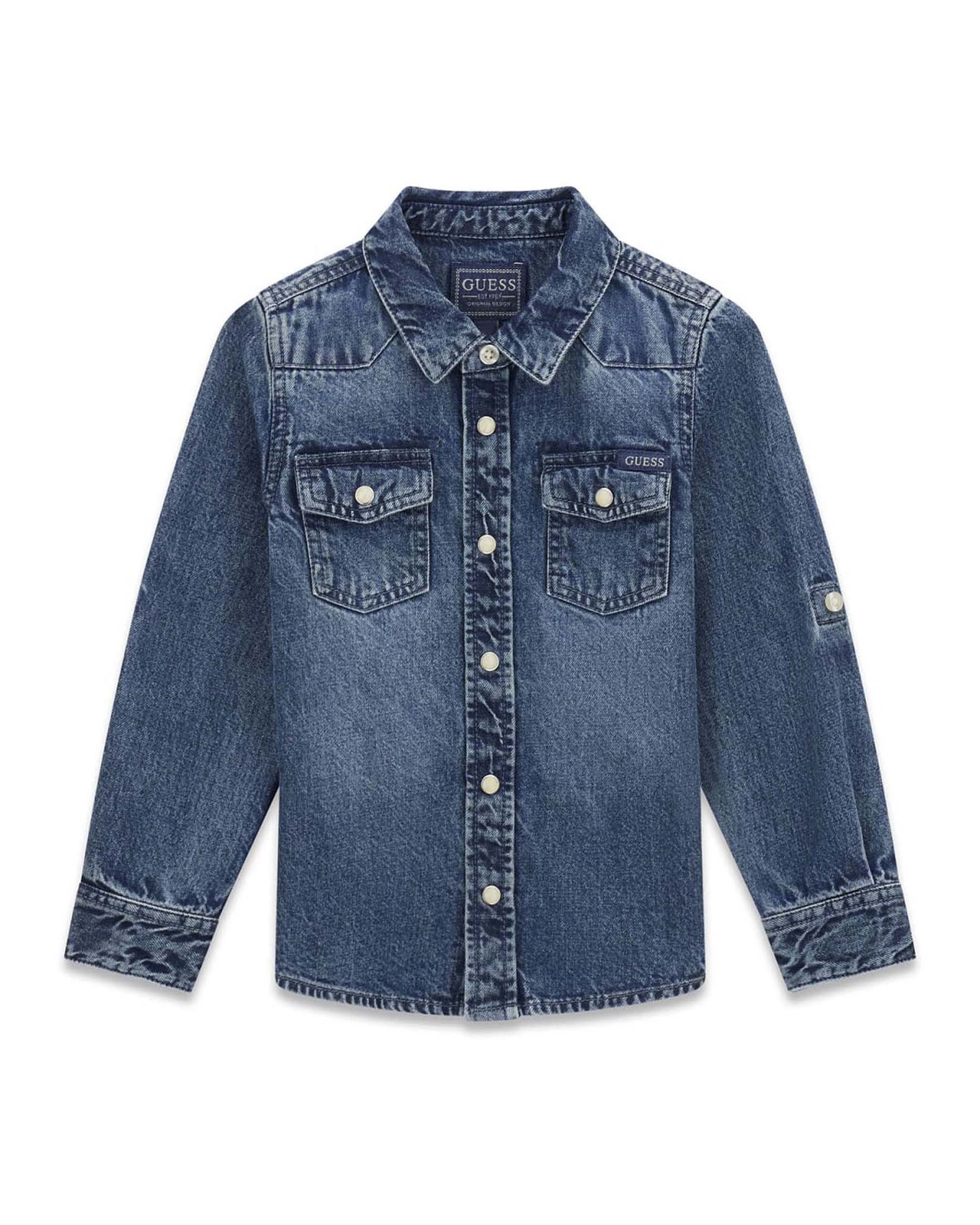 Camicia in denim Guess Kids blu medio in cotone con logo ricamato sulla tasca