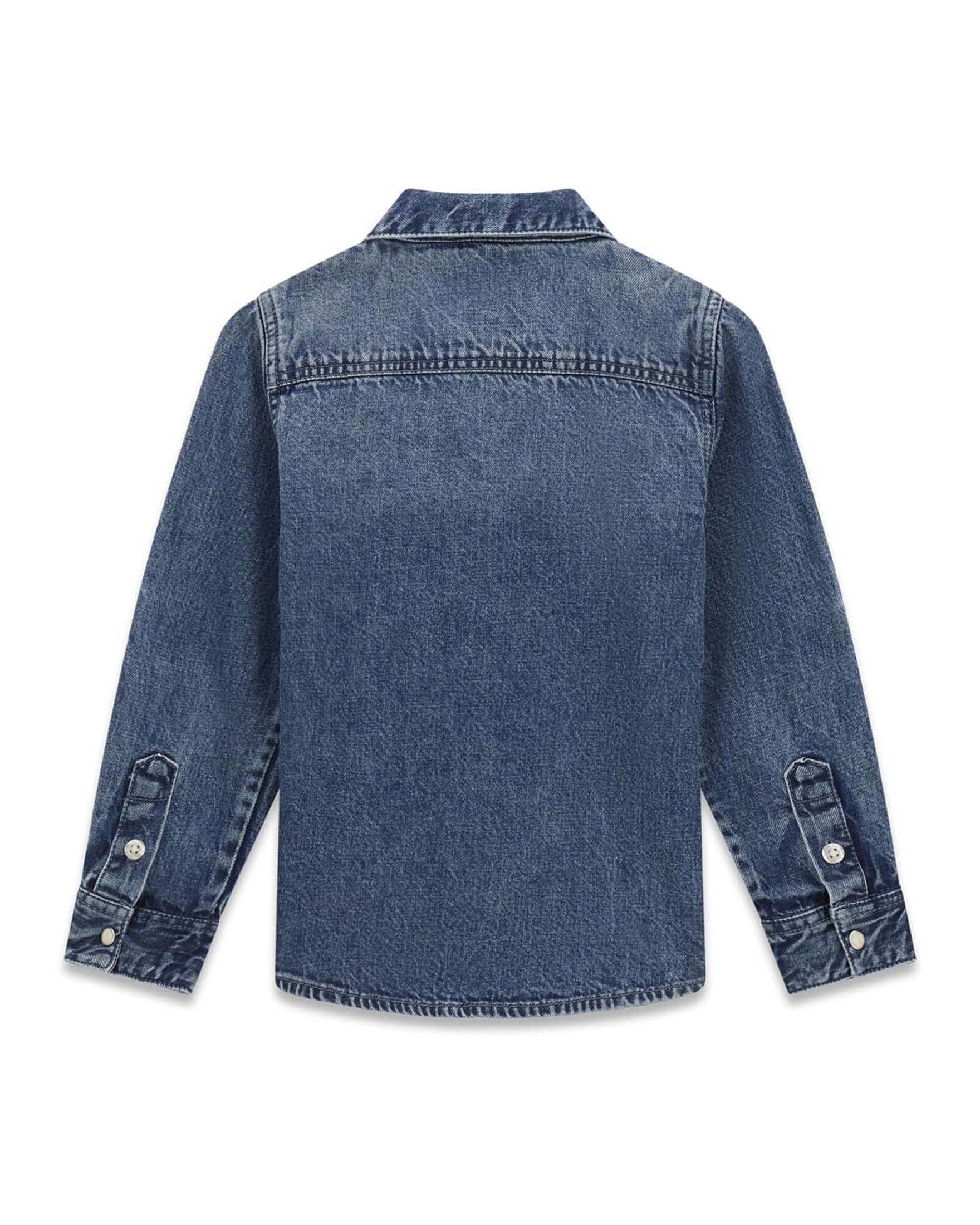 Camicia in denim Guess Kids blu medio in cotone con logo ricamato sulla tasca image
