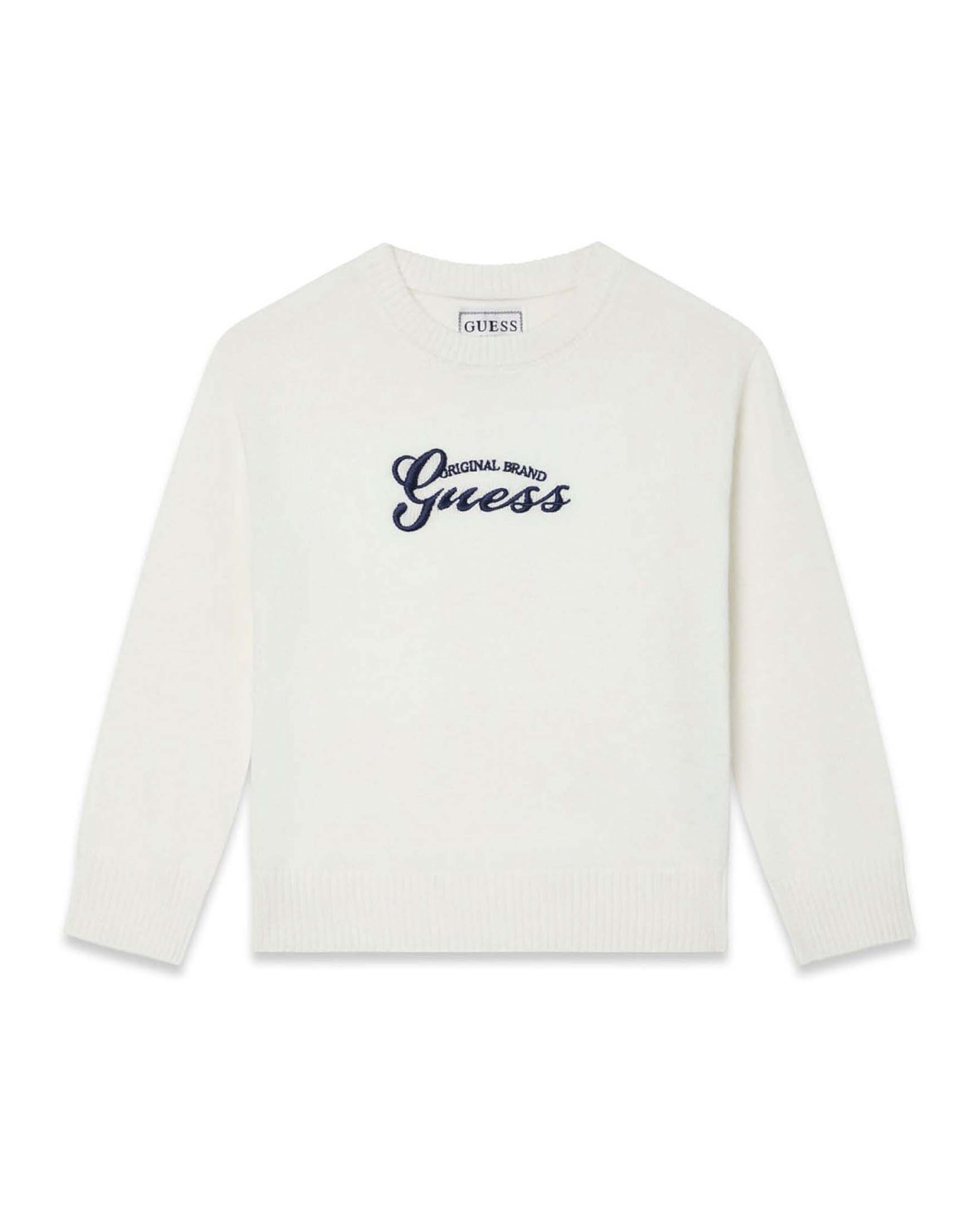 Maglia Guess Kids panna in misto cotone con logo ricamato a contrasto