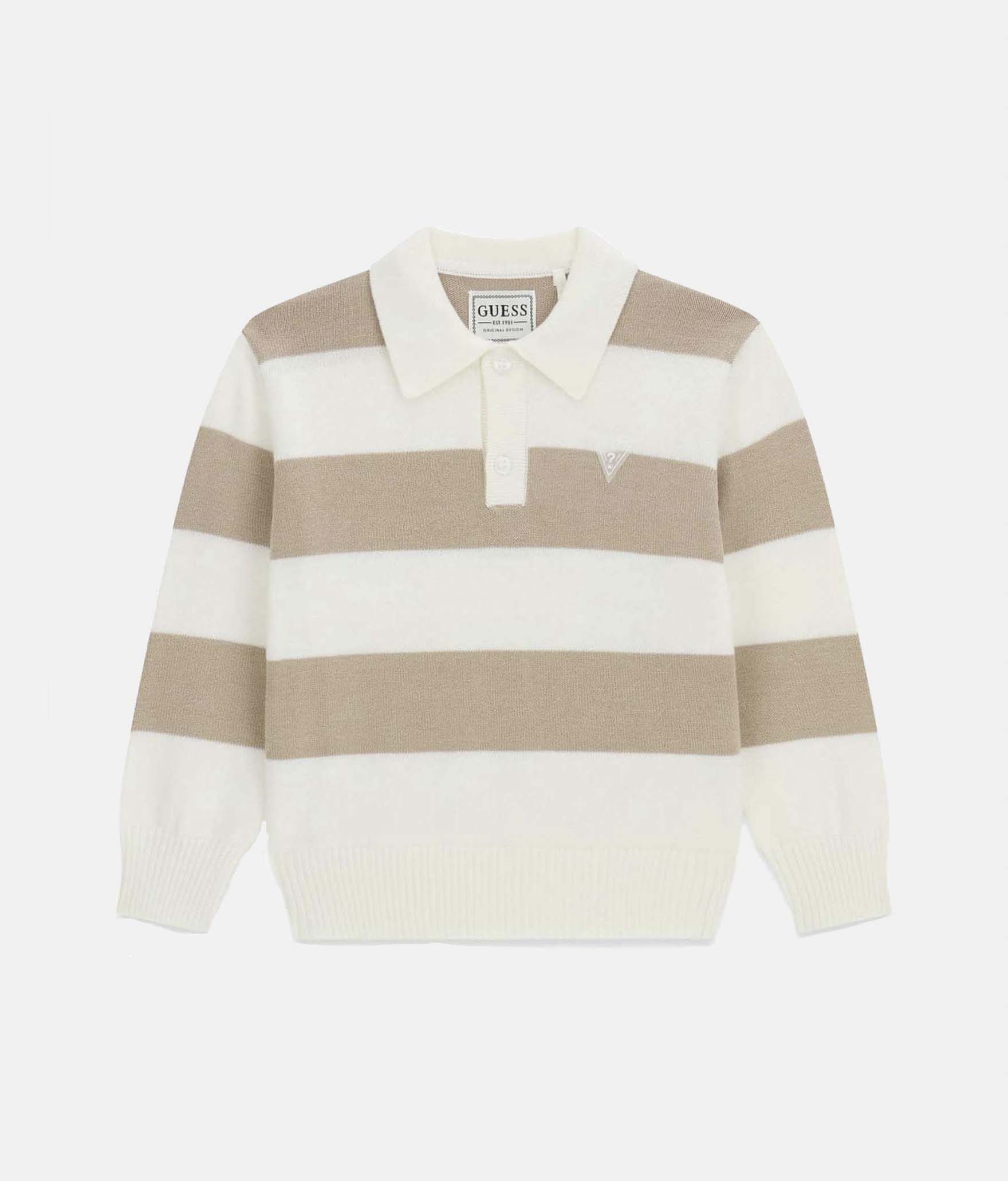 Polo Guess Kids avorio a righe in misto cotone con logo ricamato sul petto