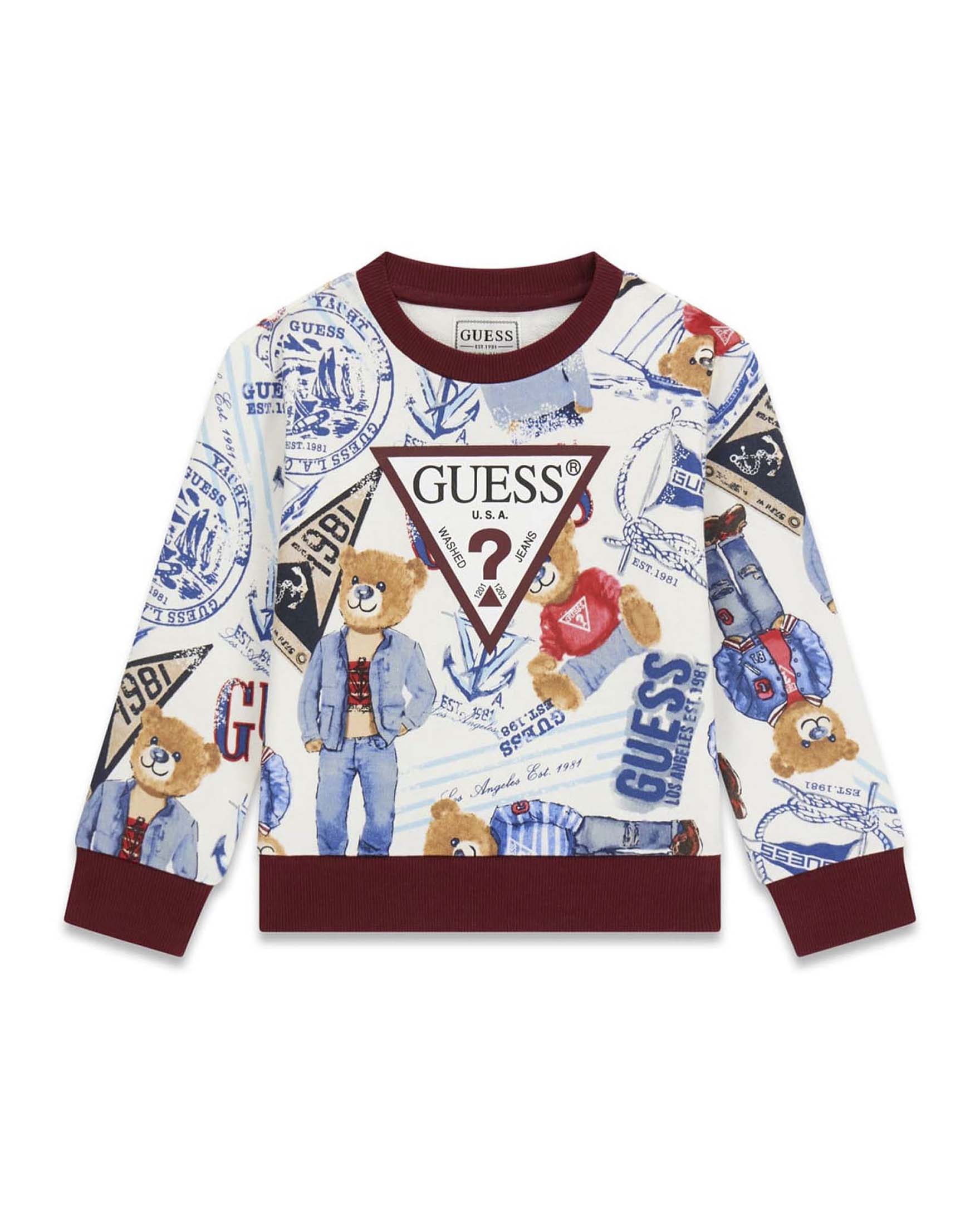 Felpa Guess Kids avorio in cotone con stampa orsetti e logo stampato sul davanti