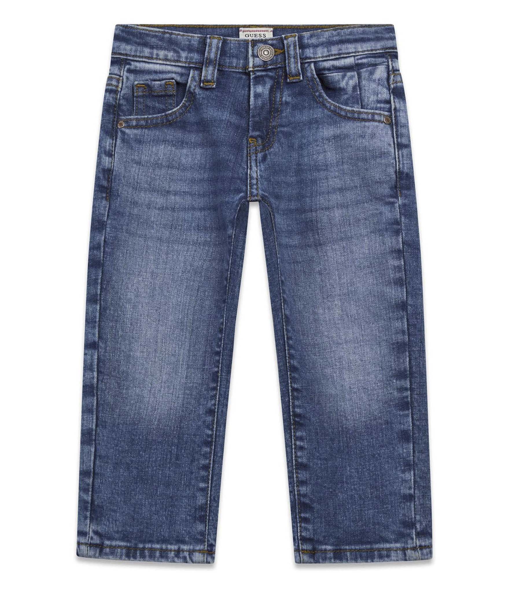 Jeans Guess Kids blu medium wash in cotone elasticizzato con patch logo applicata
