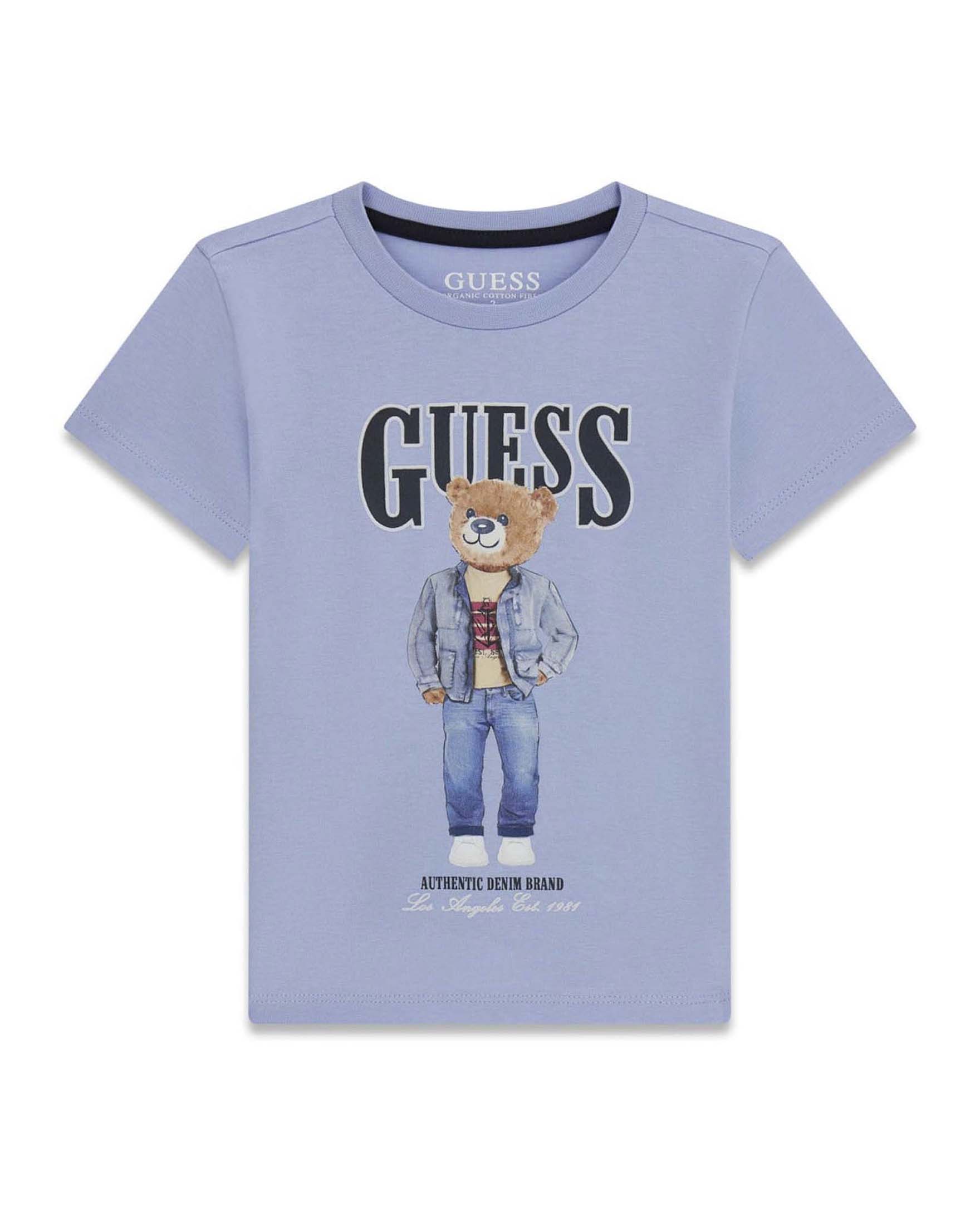 T-shirt Guess Kids azzurra in cotone con stampa logo e orsetto