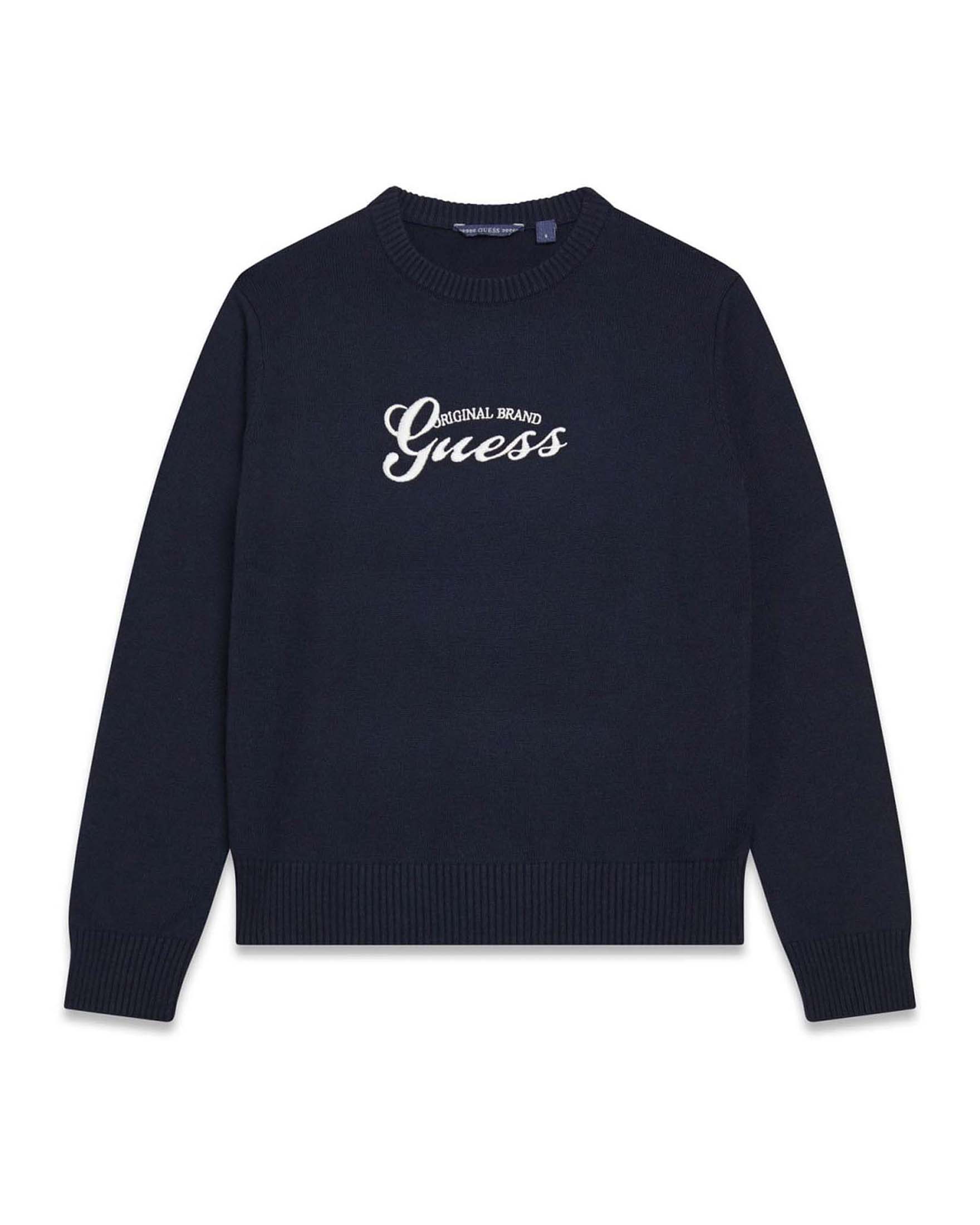 Maglia Guess Kids blu in misto cotone con logo ricamato sul davanti