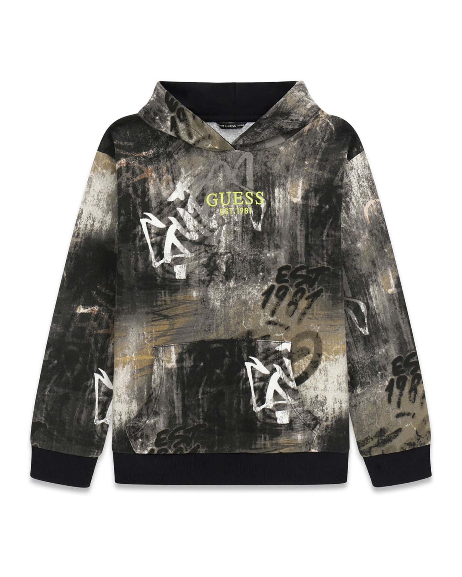 Felpa con cappuccio Guess Kids nera in cotone con stampa e logo ricamato