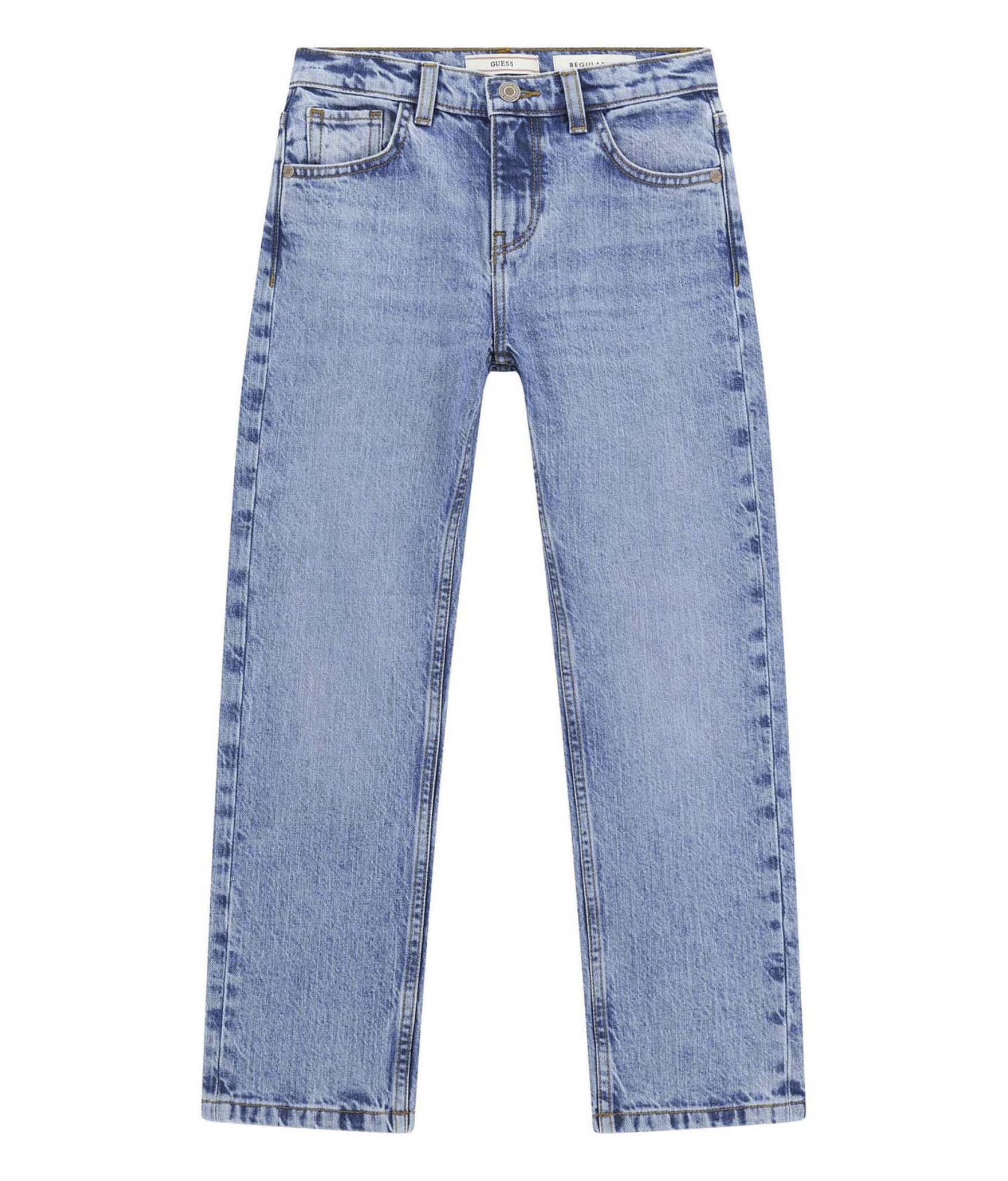 Jeans Guess Kids light wash in cotone elasticizzato con logo applicato sul retro