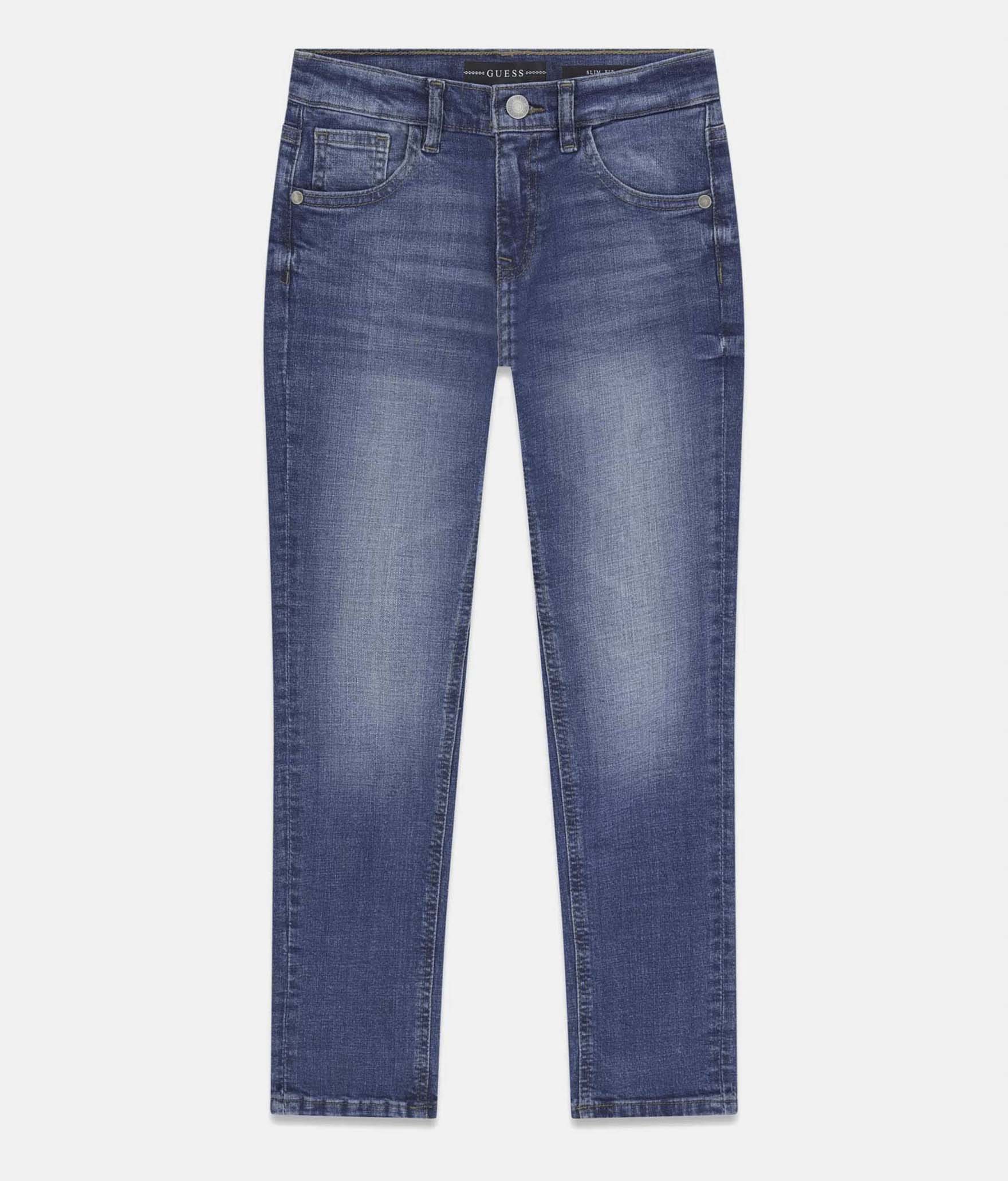 Jeans Guess Kids medium wash in denim stretch con logo ricamato sul retro