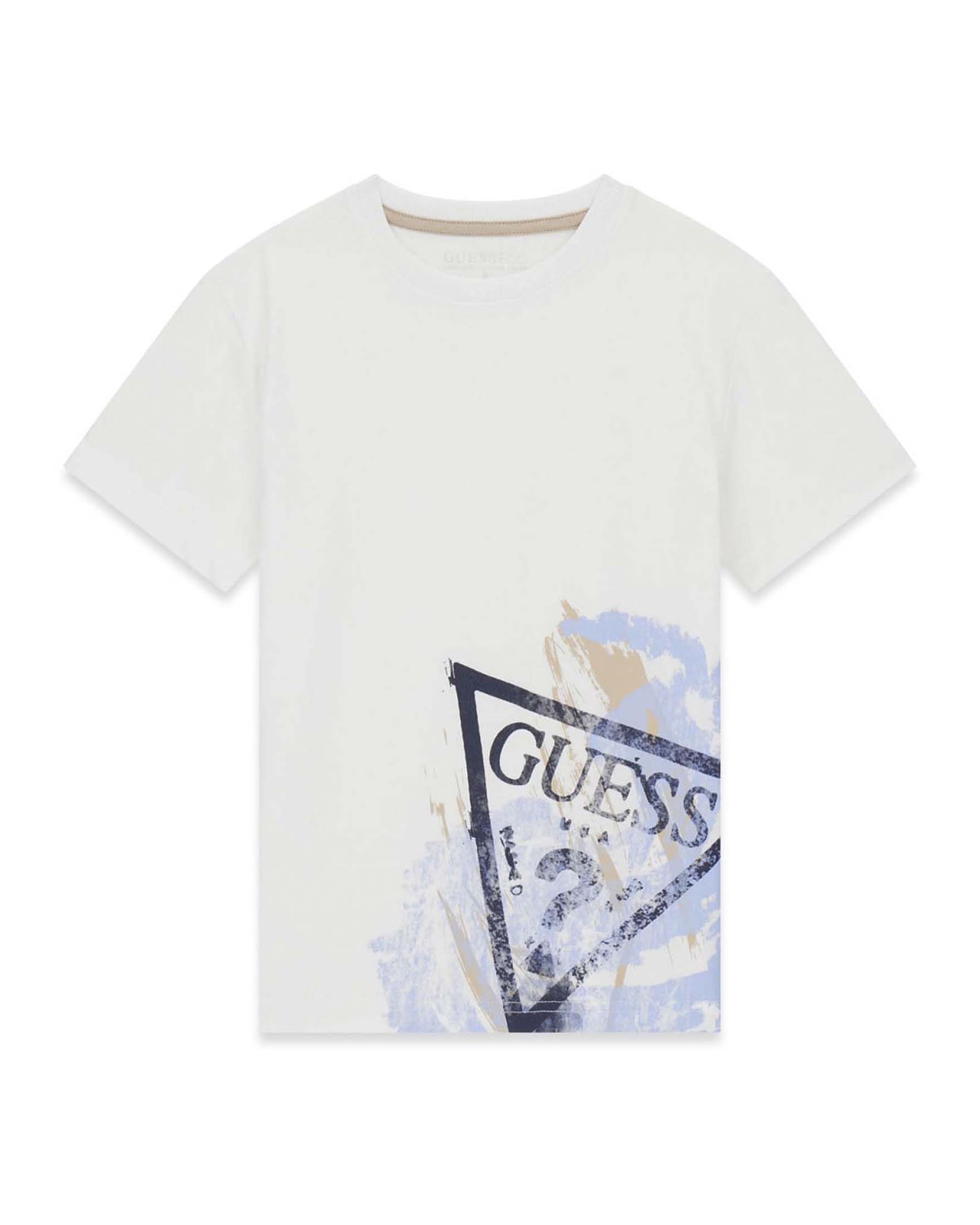 T-shirt mezza manica Guess Kids bianca in cotone con stampa logo frontale