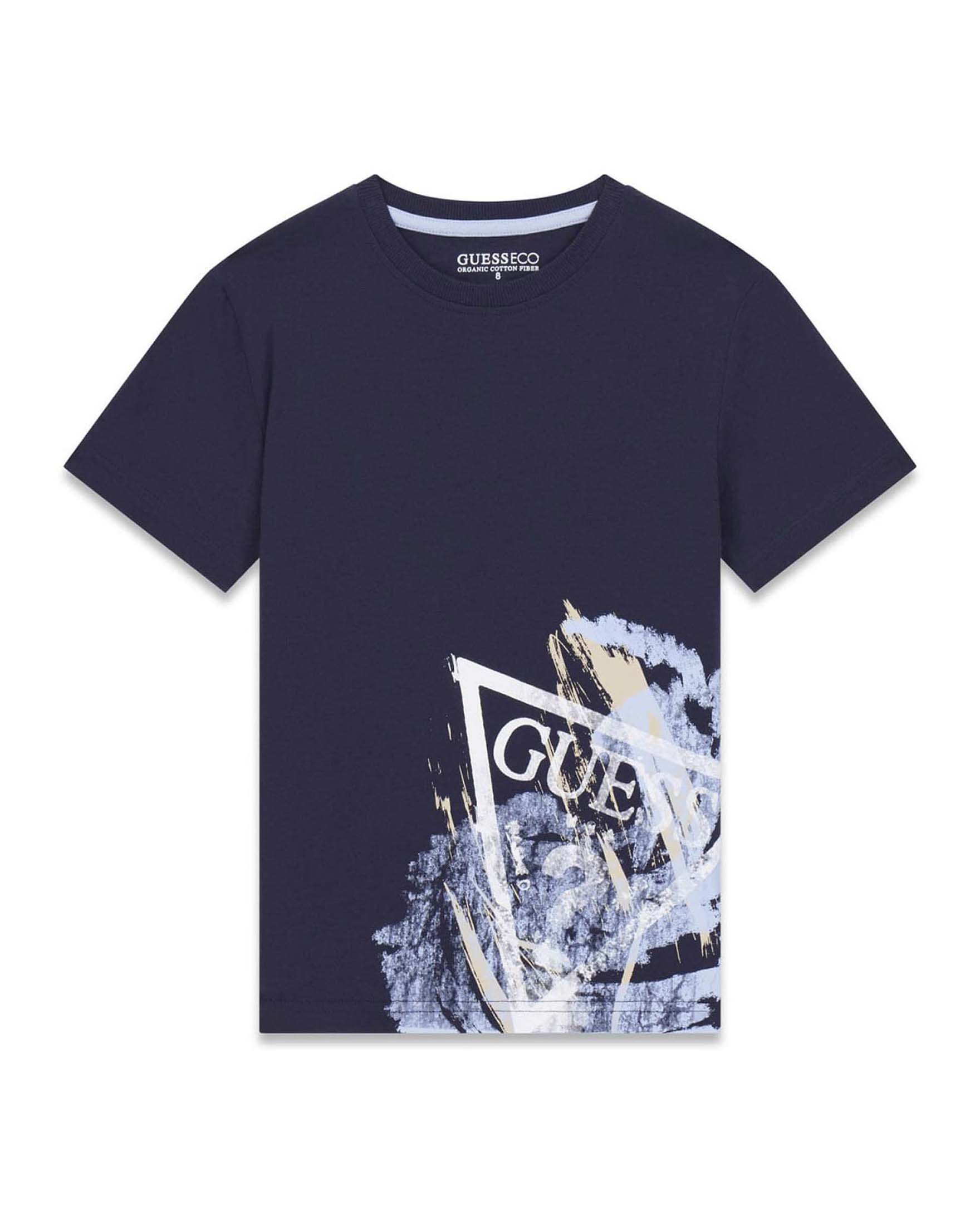 T-shirt mezza manica Guess Kids blu scuro in cotone con stampa logo frontale