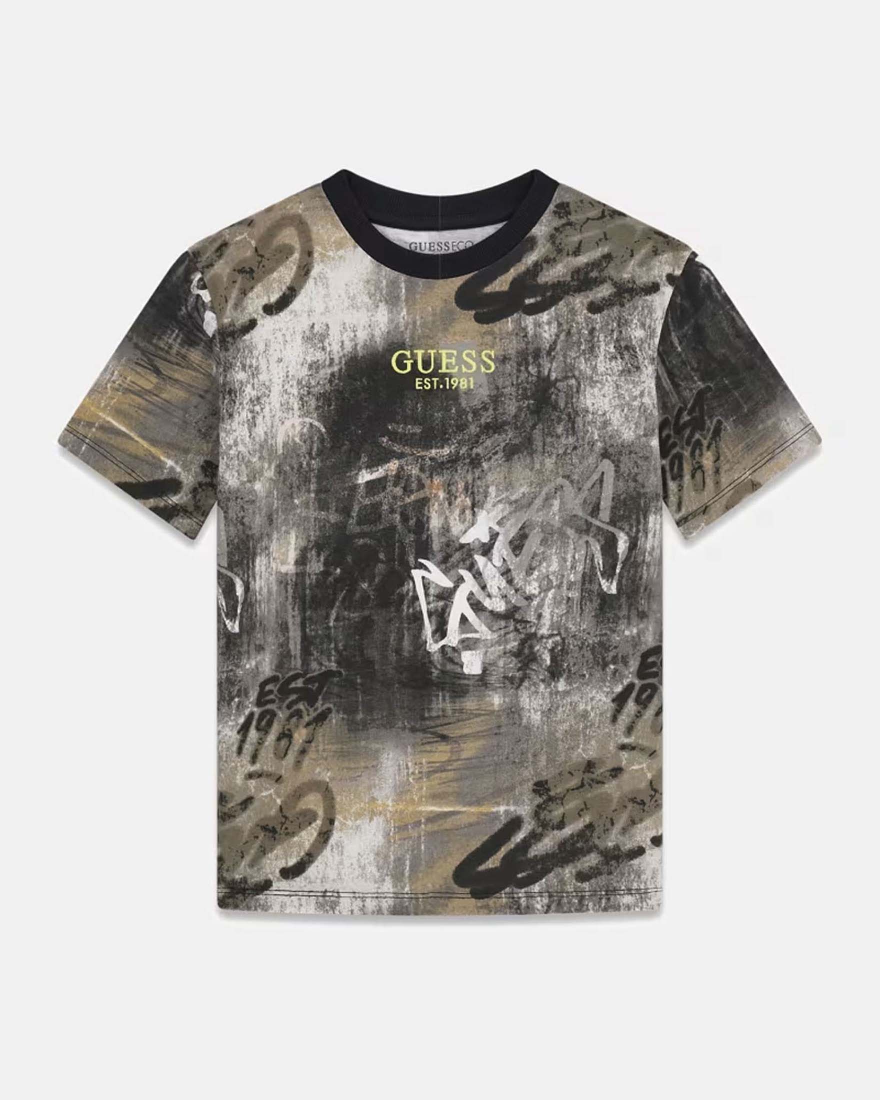 T-shirt Guess Kids nera in cotone con stampa logo frontale e motivo graffiti all-over