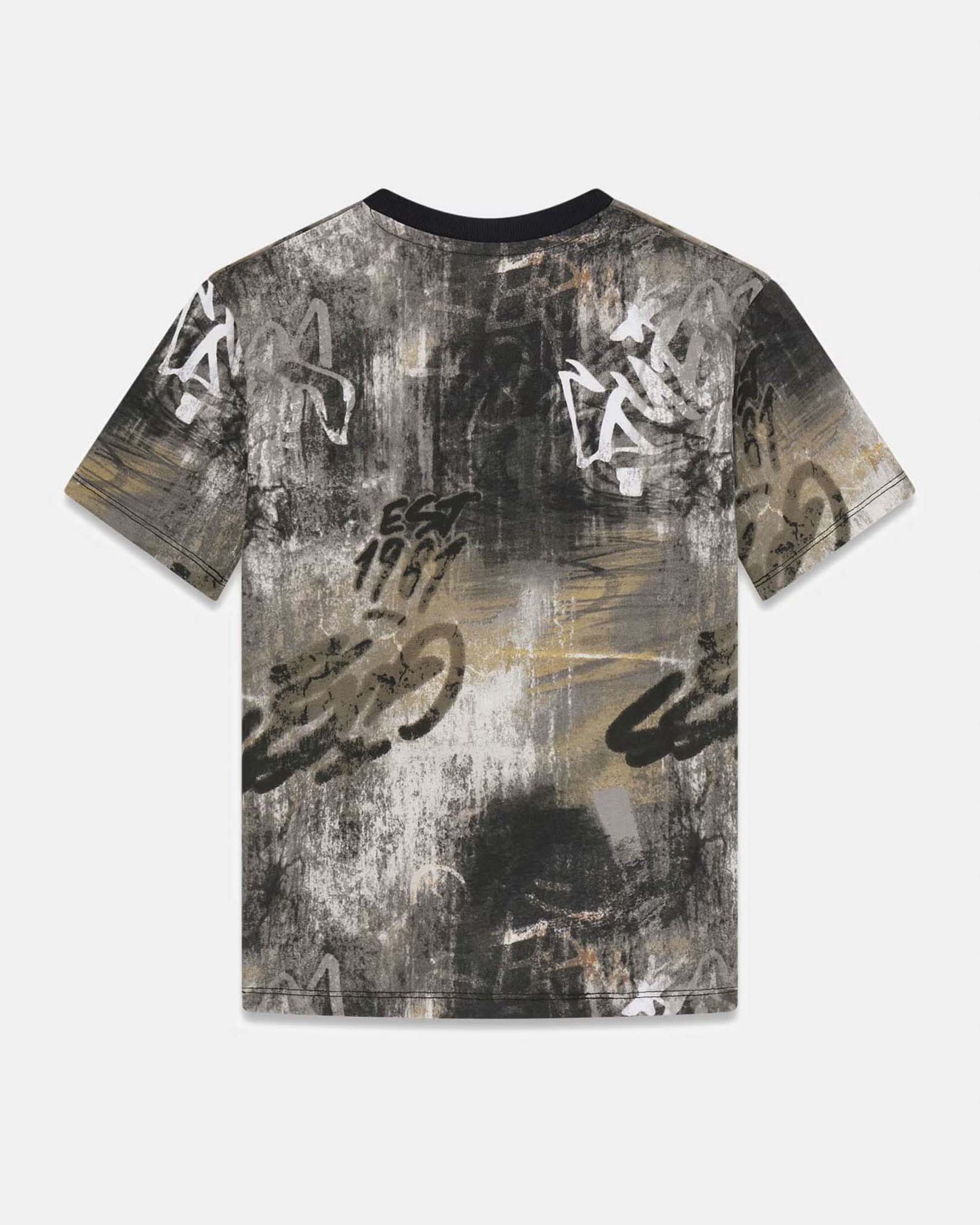 T-shirt Guess Kids nera in cotone con stampa logo frontale e motivo graffiti all-over image