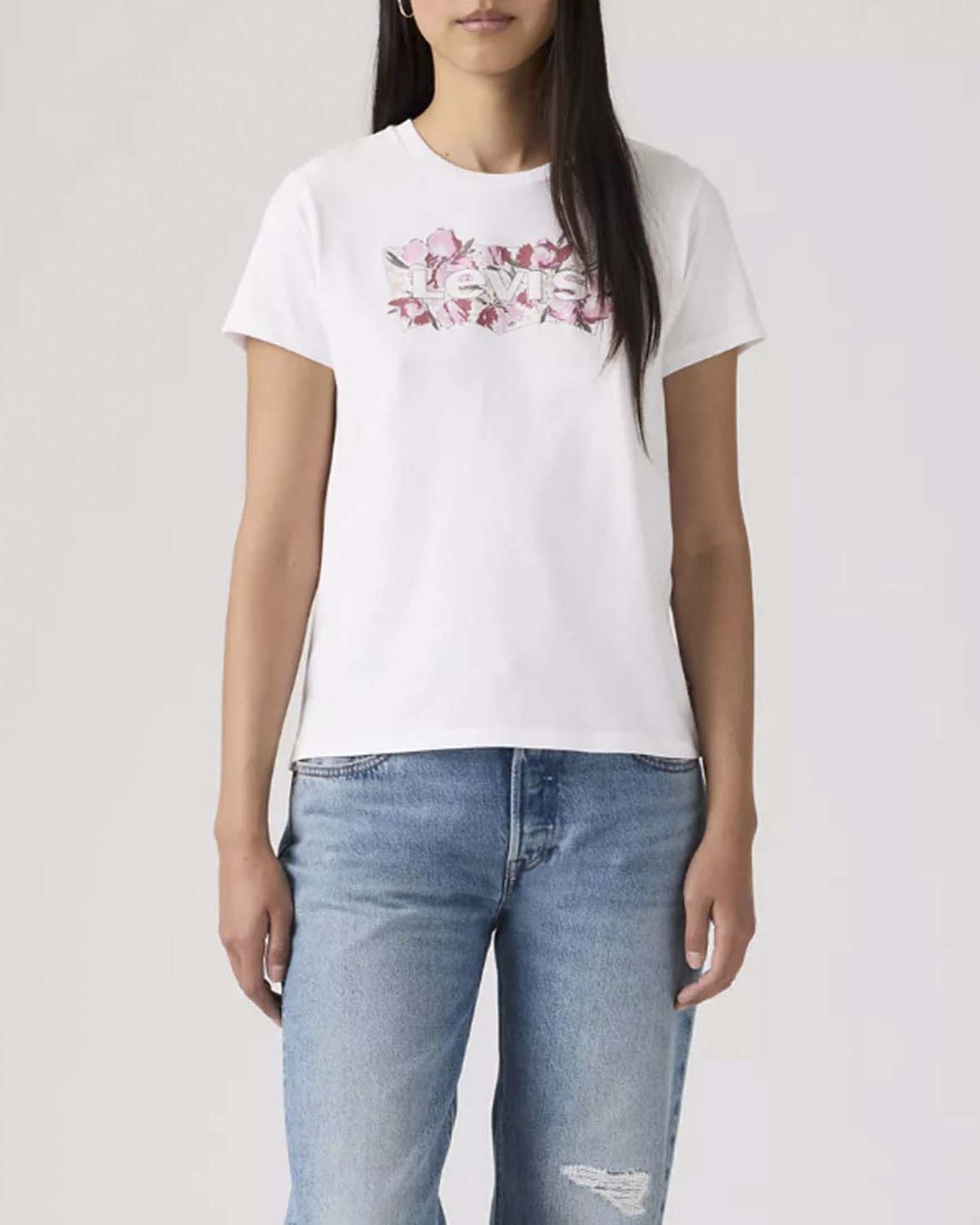 T-Shirt Perfect a manica corta Levi's bianca con stampa batwing a fiori rosa