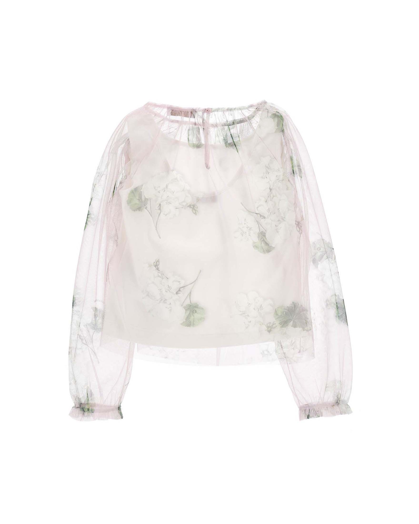 Blusa in tulle rosa con fiori e canotta bianca