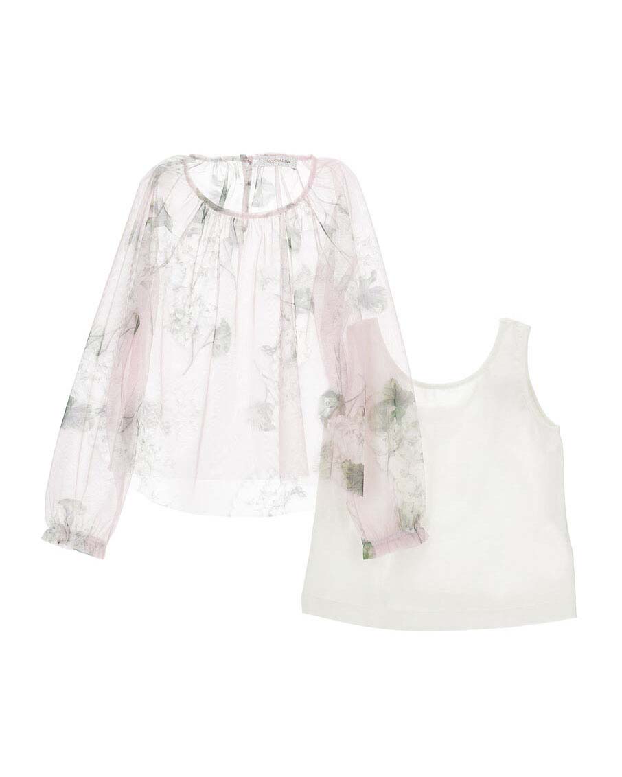Blusa Monnalisa in tulle rosa con fiori e canotta bianca image