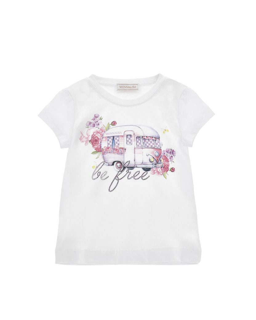 T-shirt a maniche corte con stampa camper e scritta Be free in strass