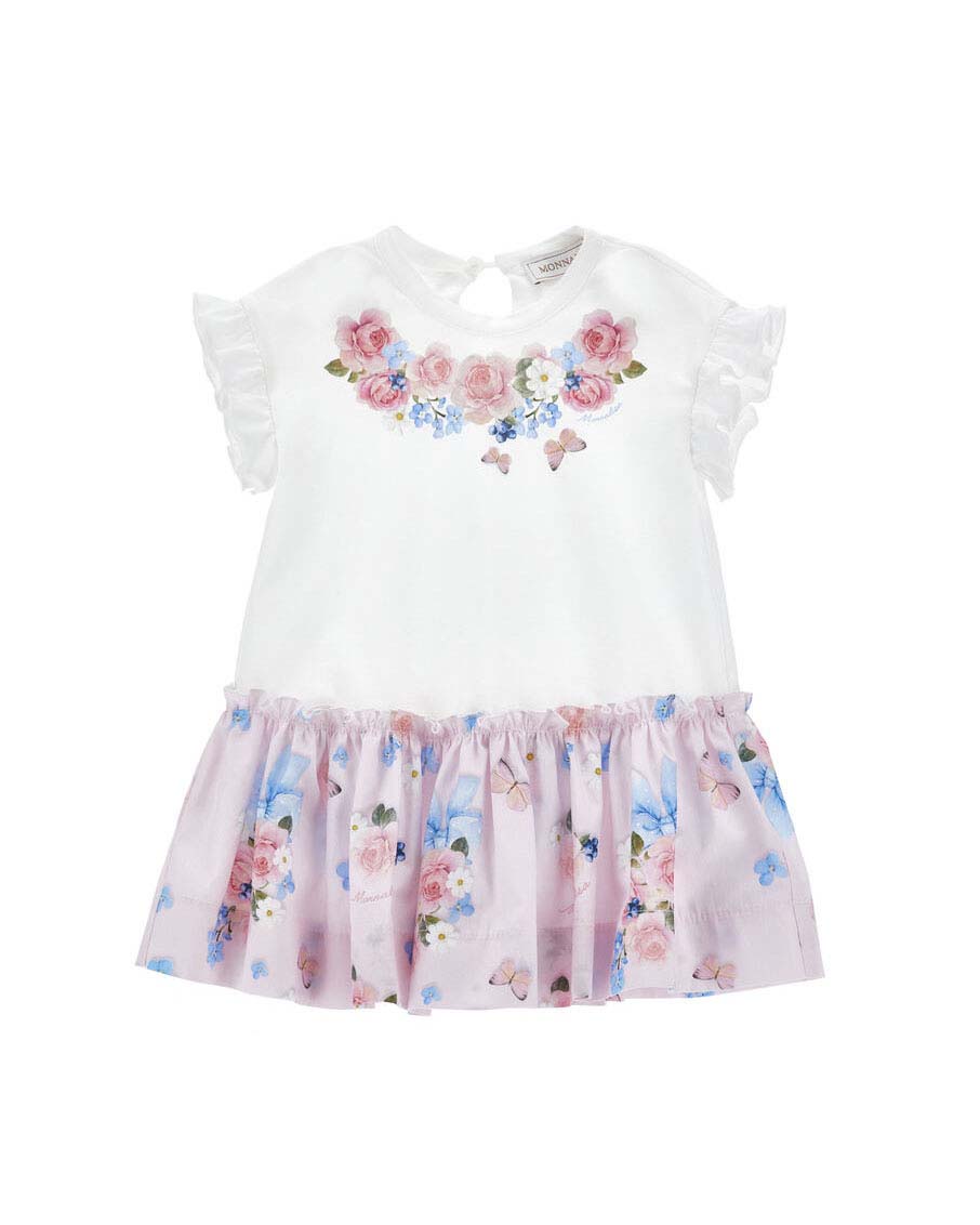 Abito Monnalisa in cotone stretch bianco e rosa con fiori e farfallle