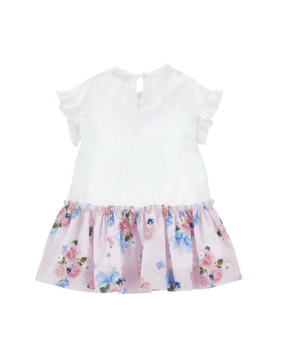 Abito Monnalisa in cotone stretch bianco e rosa con fiori e farfallle image
