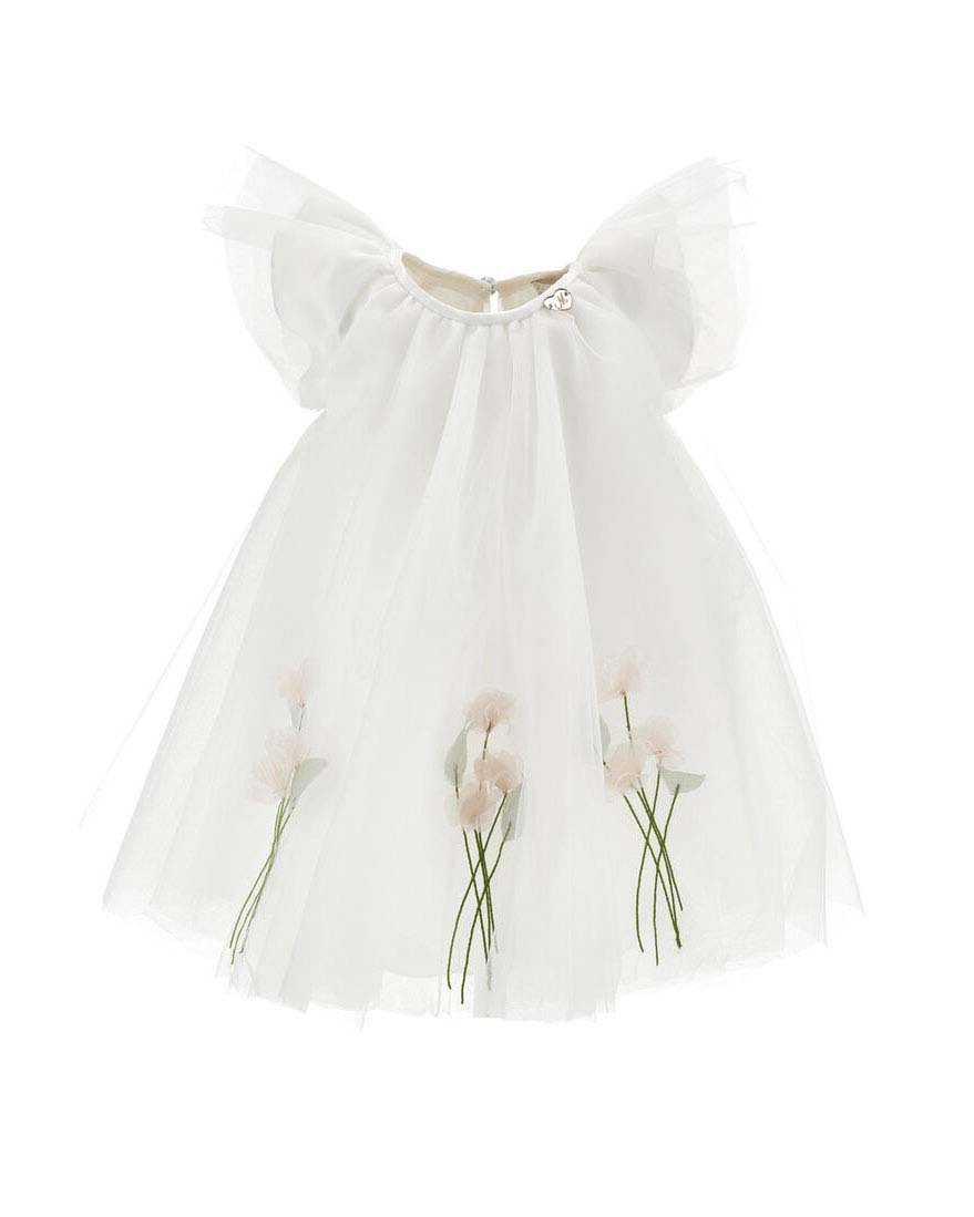 Abito smanicato Monnalisa in tulle con fiori rosa
