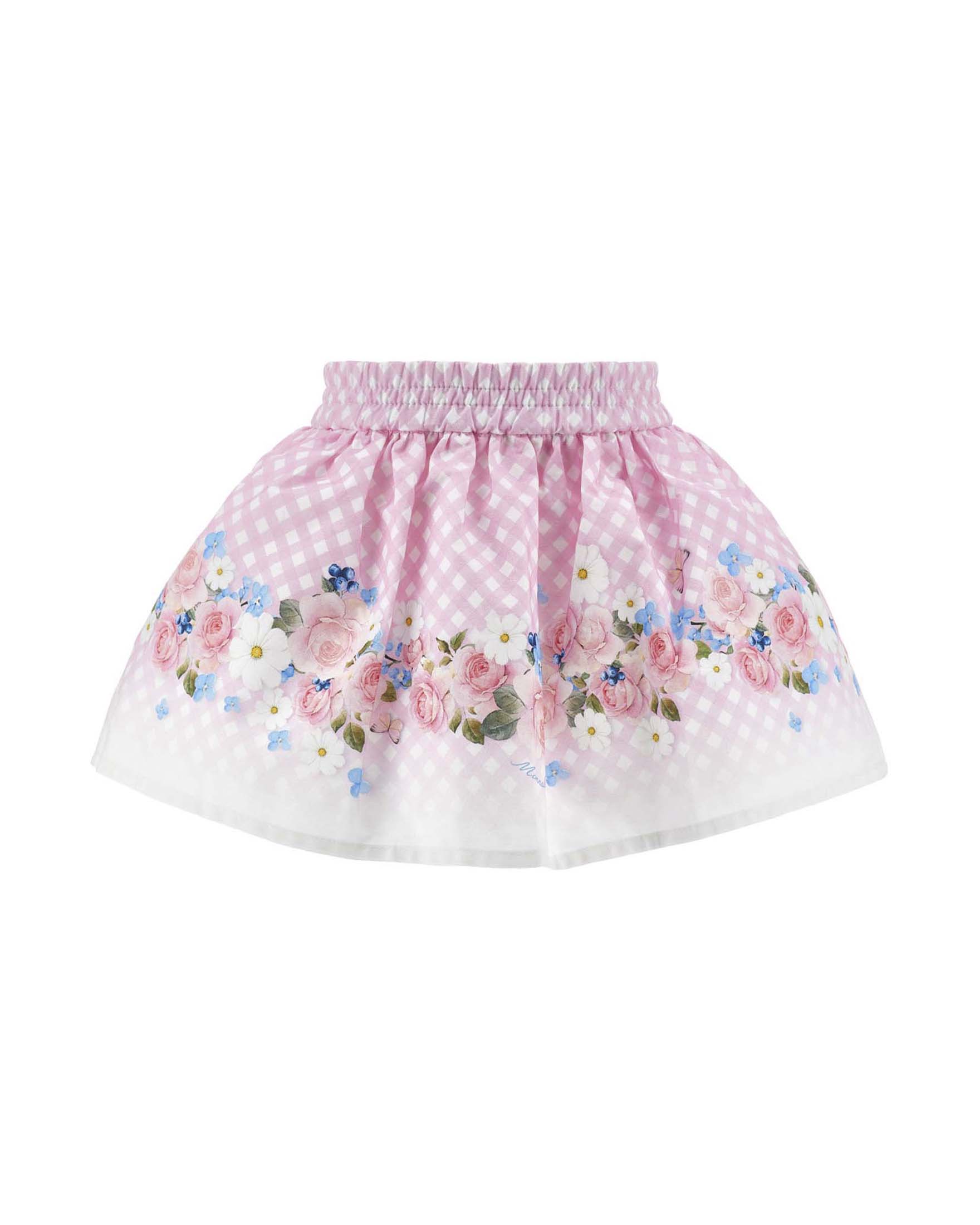 Gonna Monnalisa in popeline a quadri bianca e rosa con stampa floreale