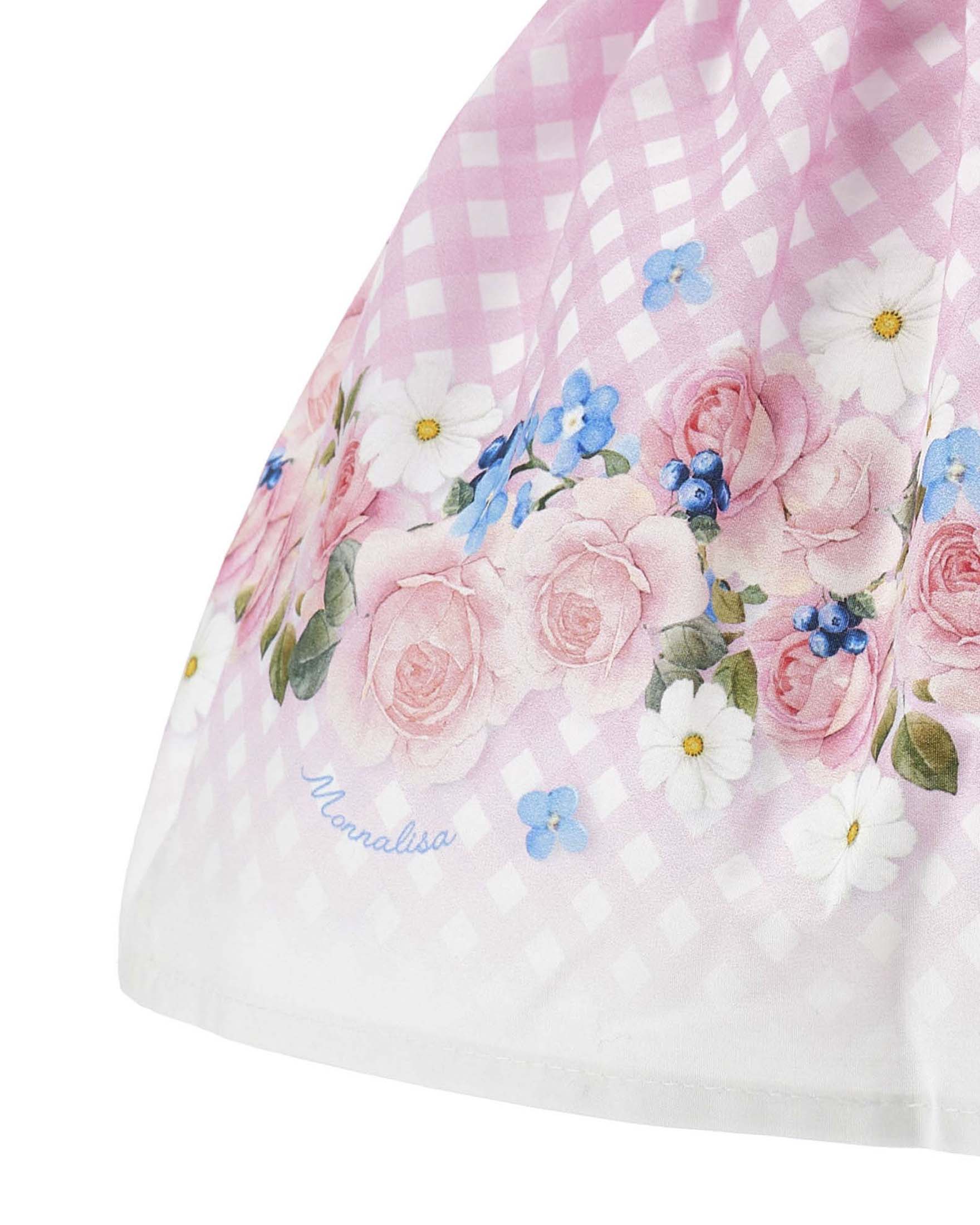 Gonna Monnalisa in popeline a quadri bianca e rosa con stampa floreale