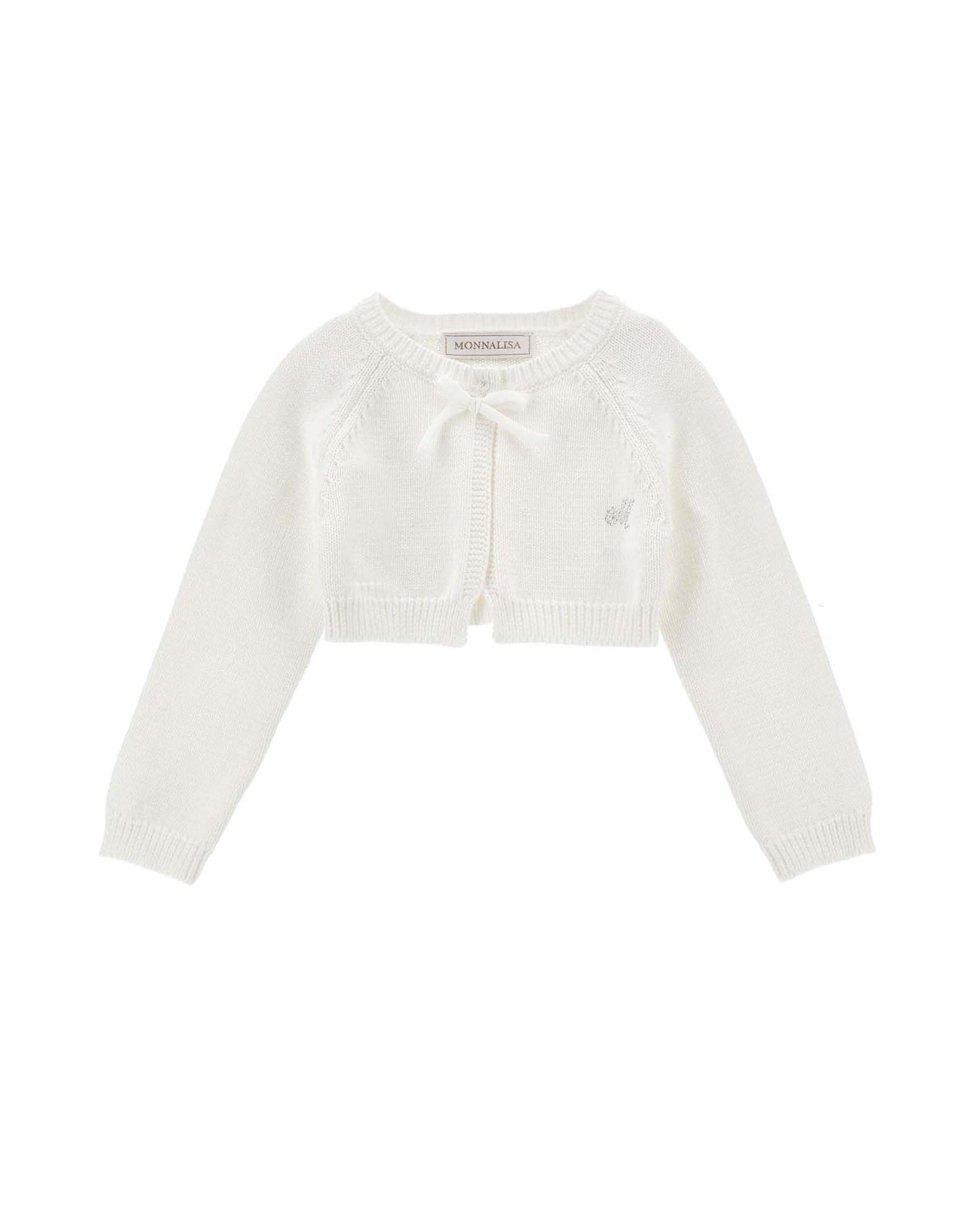 Cardigan cropped Monnalisa in puro cotone bianco con fiocco