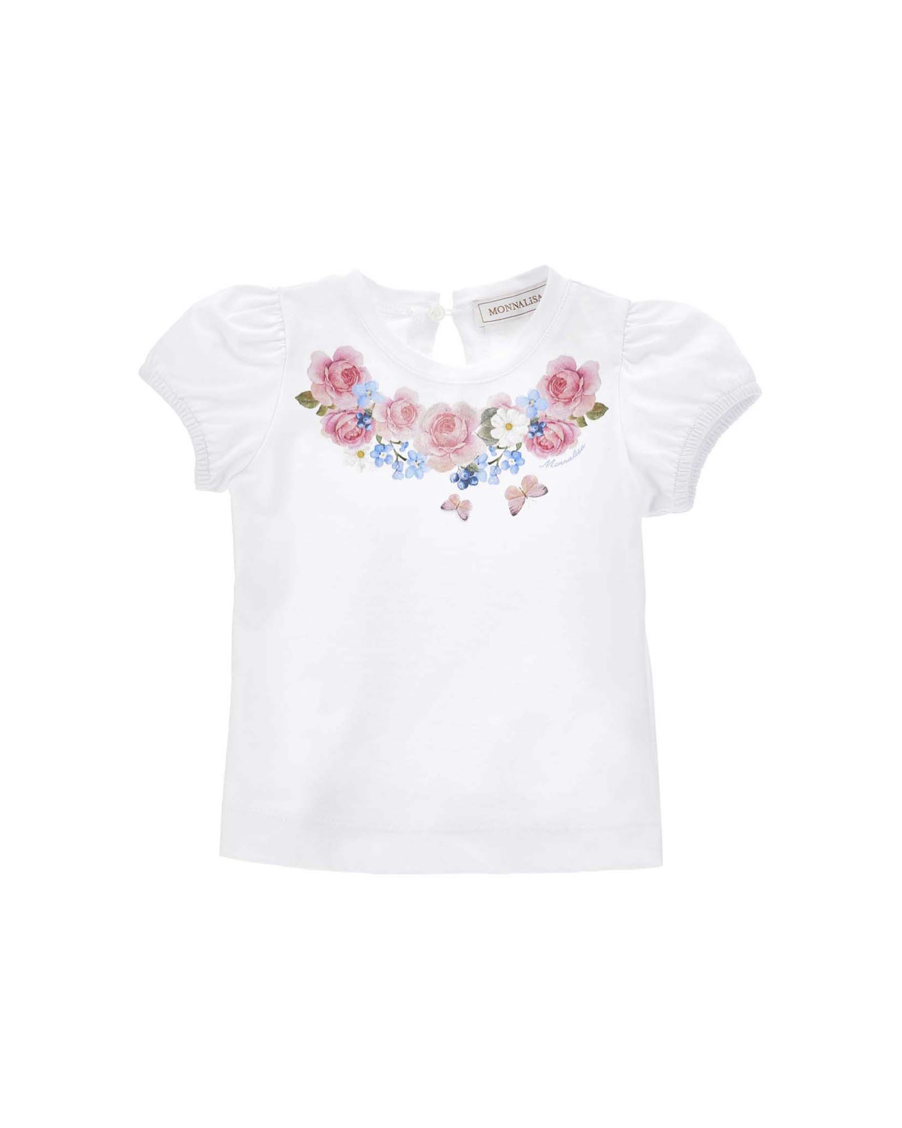 T-shirt bianca Monnalisa in cotone con maniche a sbuffo e stampa fiori e farfalle