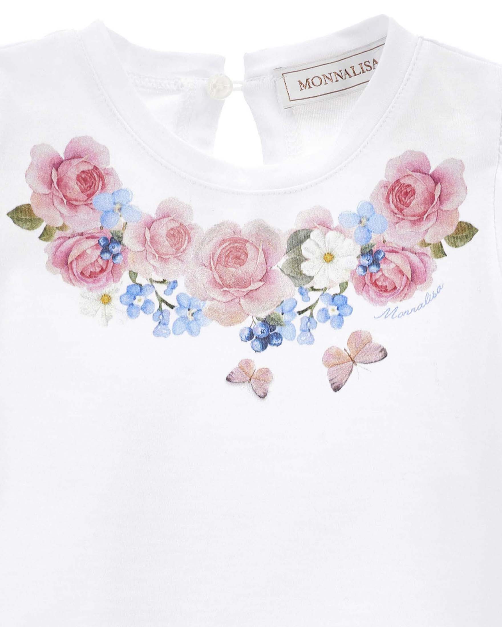 T-shirt bianca Monnalisa in cotone con maniche a sbuffo e stampa fiori e farfalle