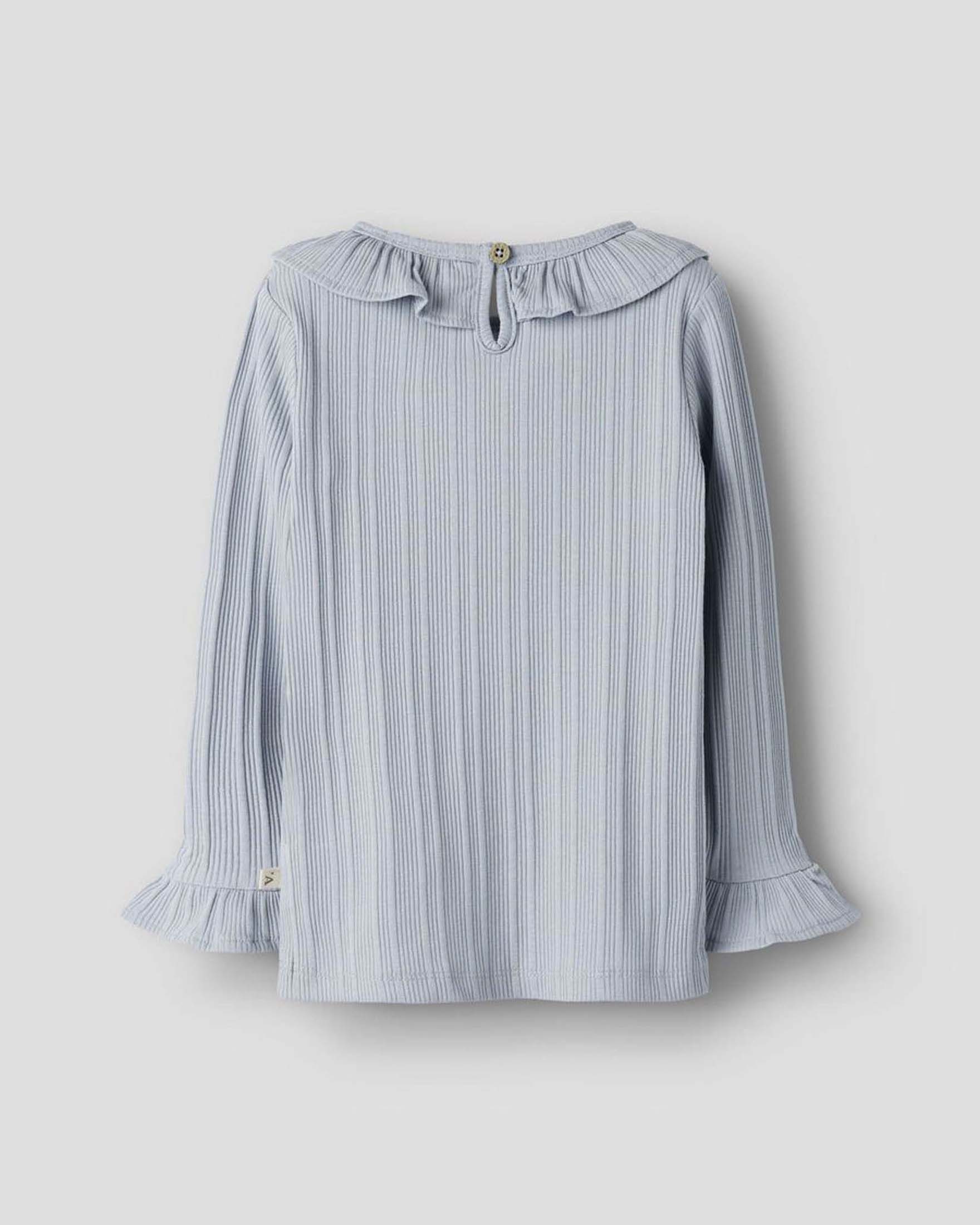 T-shirt Lil'Atelier celeste a maniche lunghe in misto cotone con costine e volant image