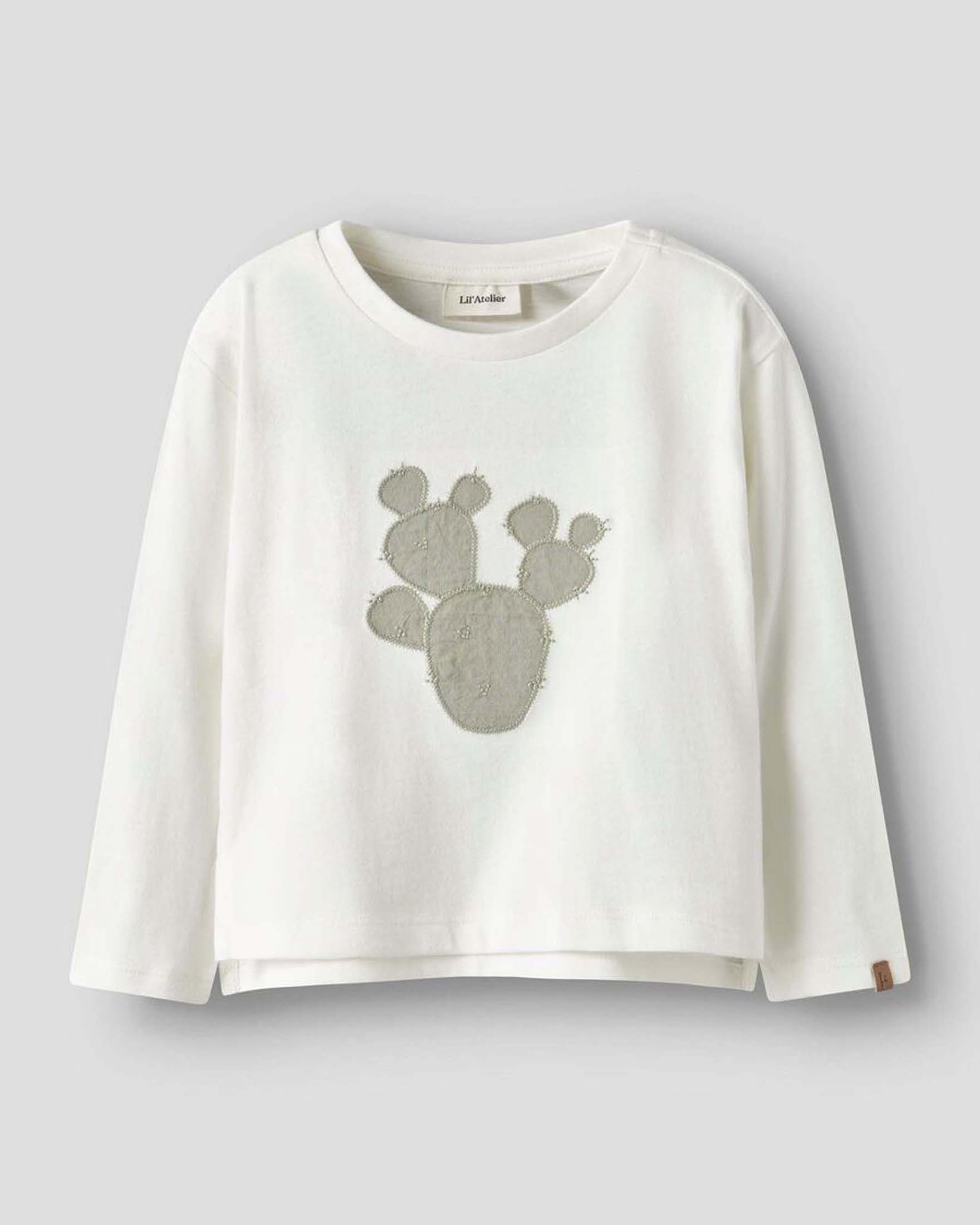 T-shirt Lil'Atelier bianca a maniche lunghe con cactus verde salvia