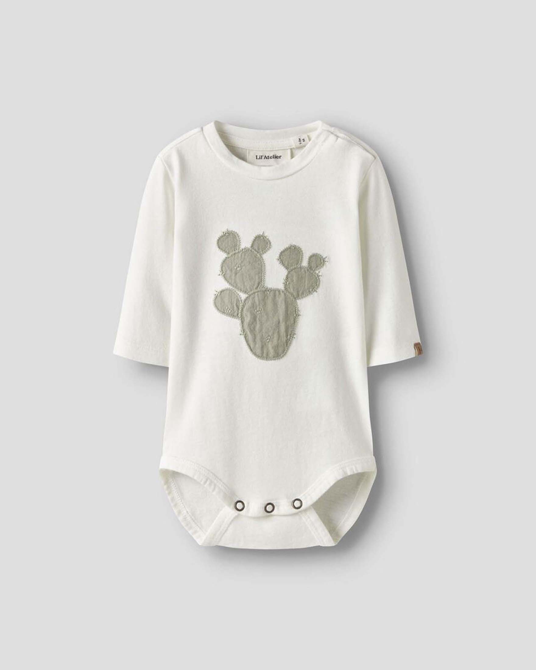 Body Lil'Atelier bianco in puro cotone a maniche lunghe con cactus verde salvia