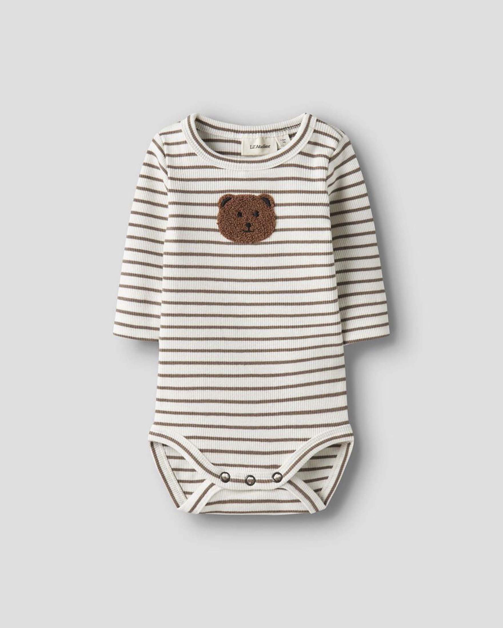 Body Lil'Atelier a righe avorio e marrone in cotone stretch a maniche lunghe con orsetto teddy