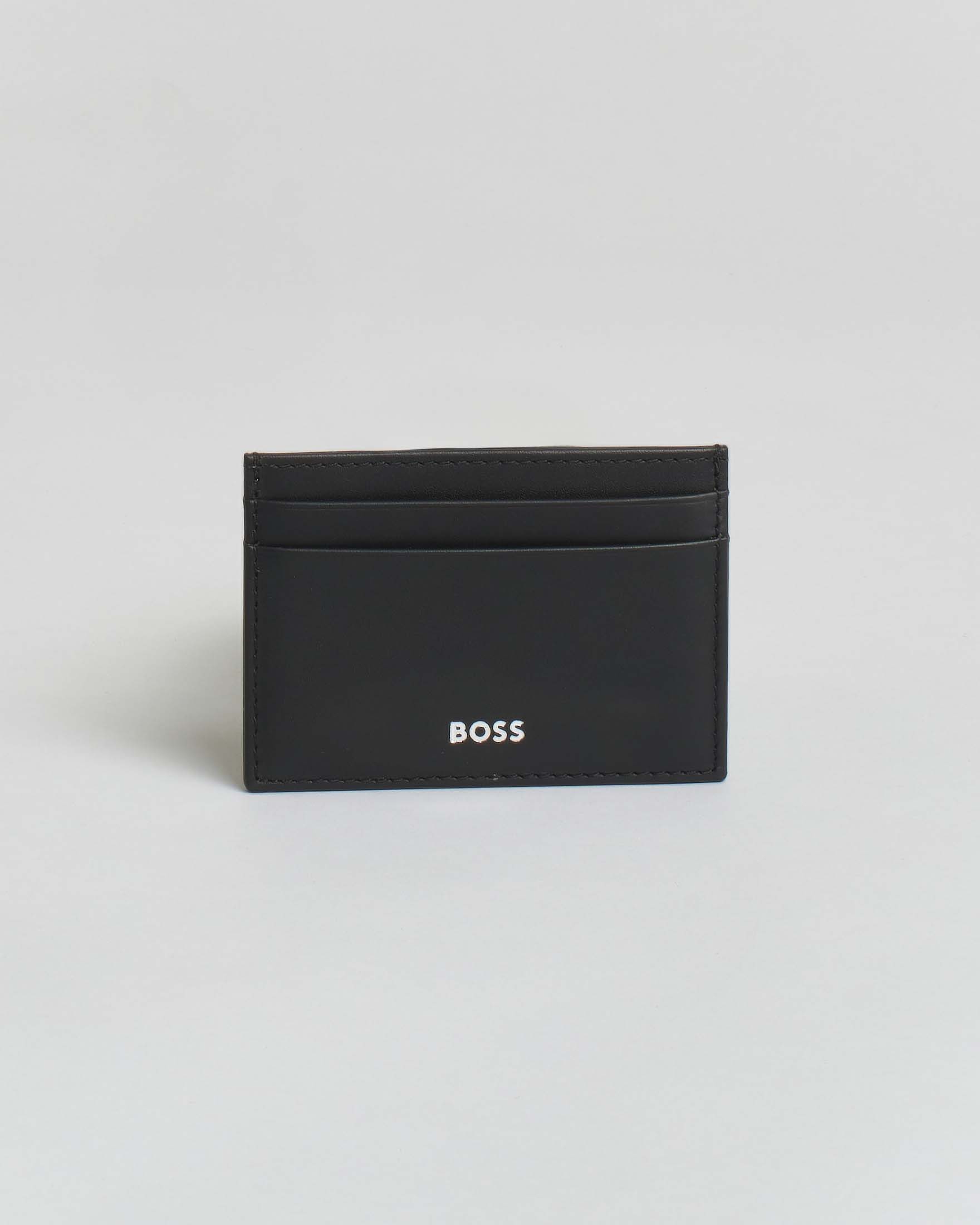Portacarte Boss nero in pelle con logo ricamato