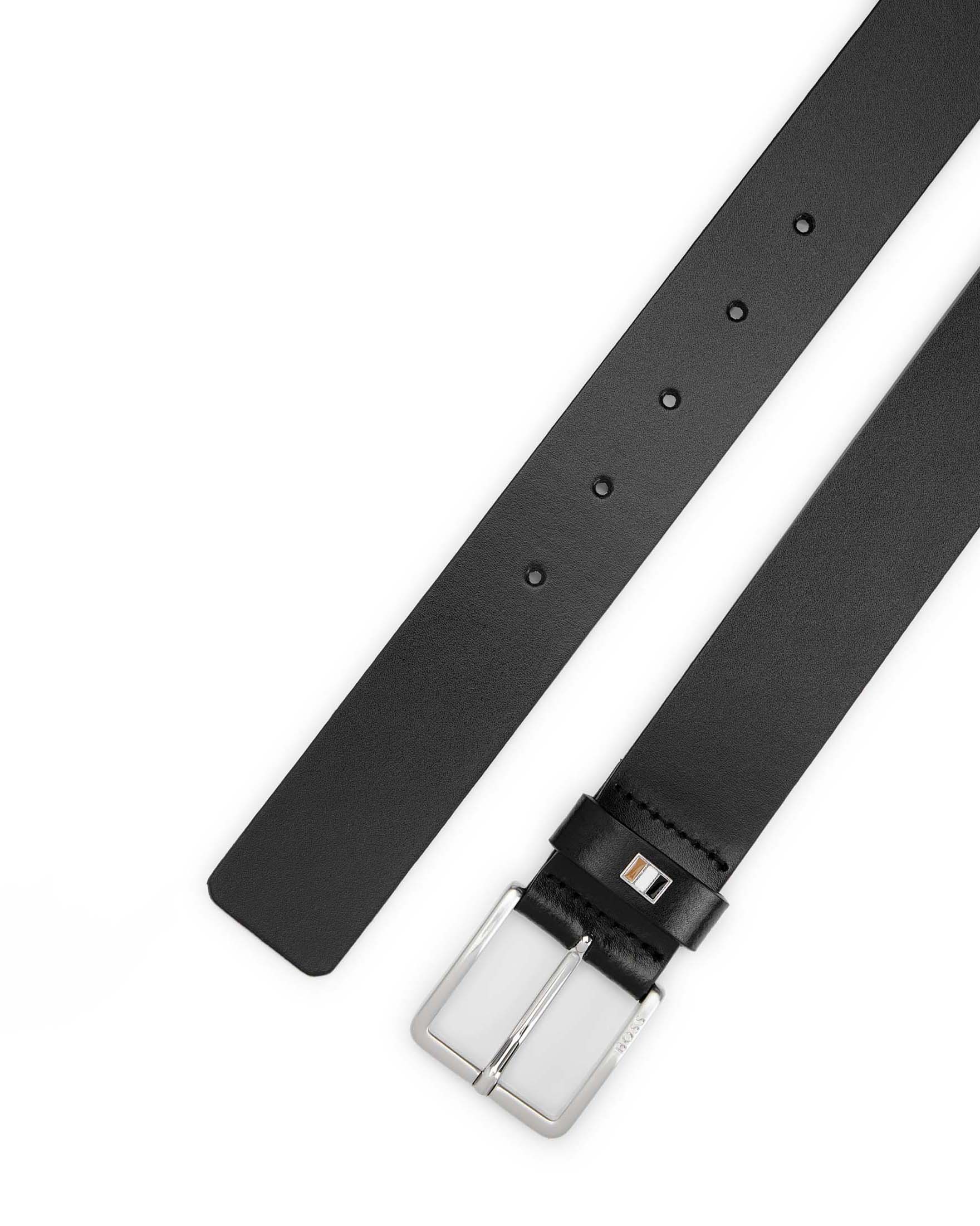 Cintura Boss in pelle liscia nera con placchetta tricolore sul passante image