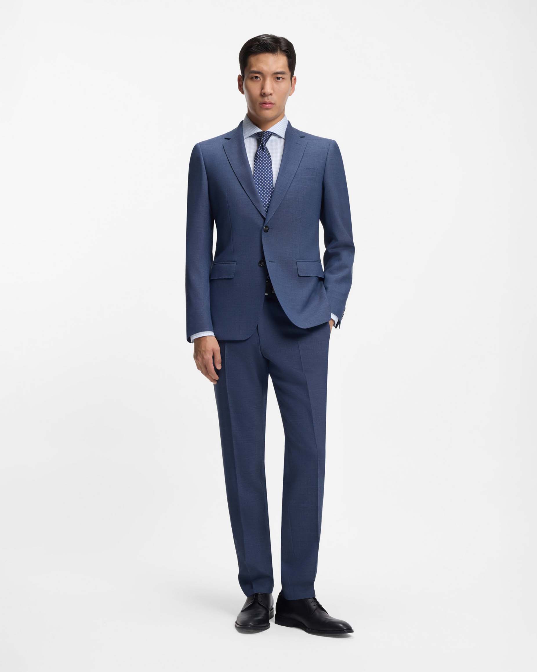 Abito Boss blu indaco Huge slim-fit in tessuto armaturato di lana stretch