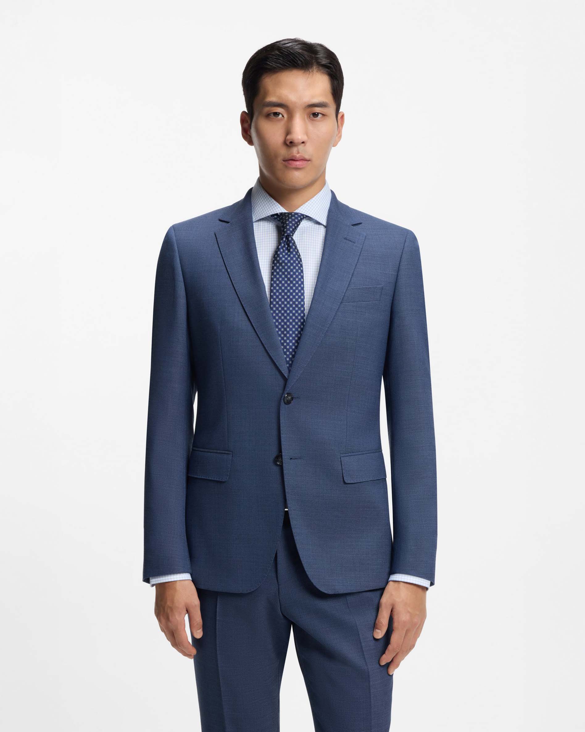 Abito Boss blu indaco Huge slim-fit in tessuto armaturato di lana stretch image