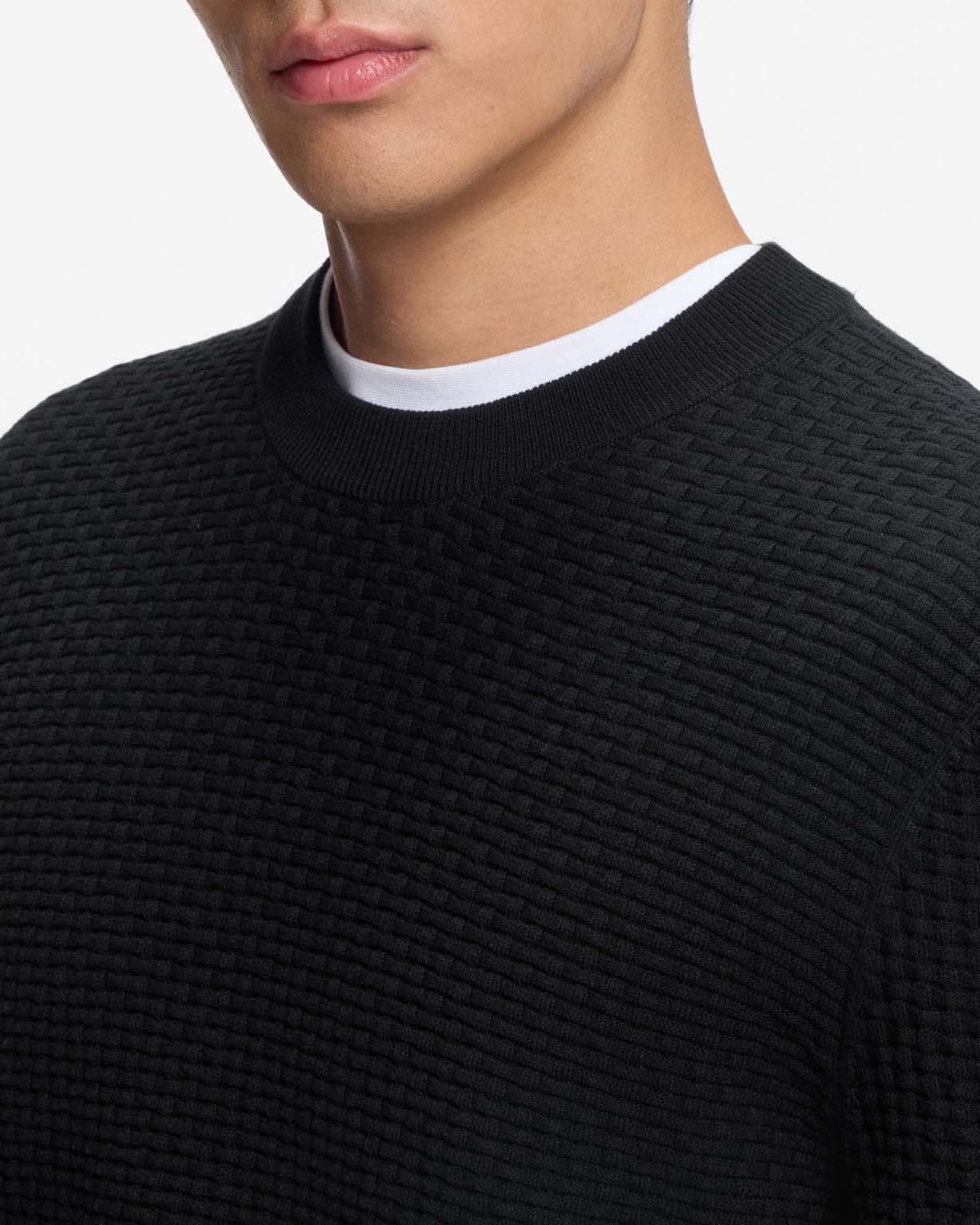 Maglioncino girocollo Boss nero in puro cotone micro mattoncino