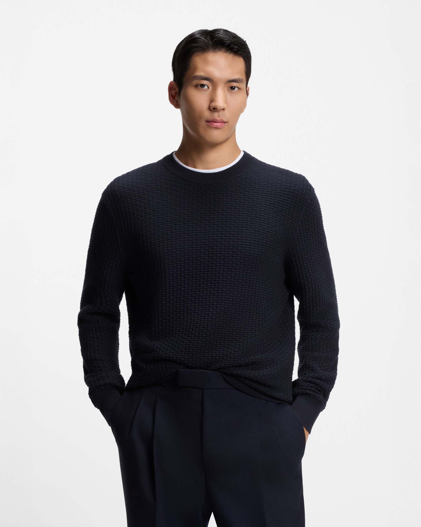 Maglioncino girocollo Boss blu in puro cotone micro mattoncino