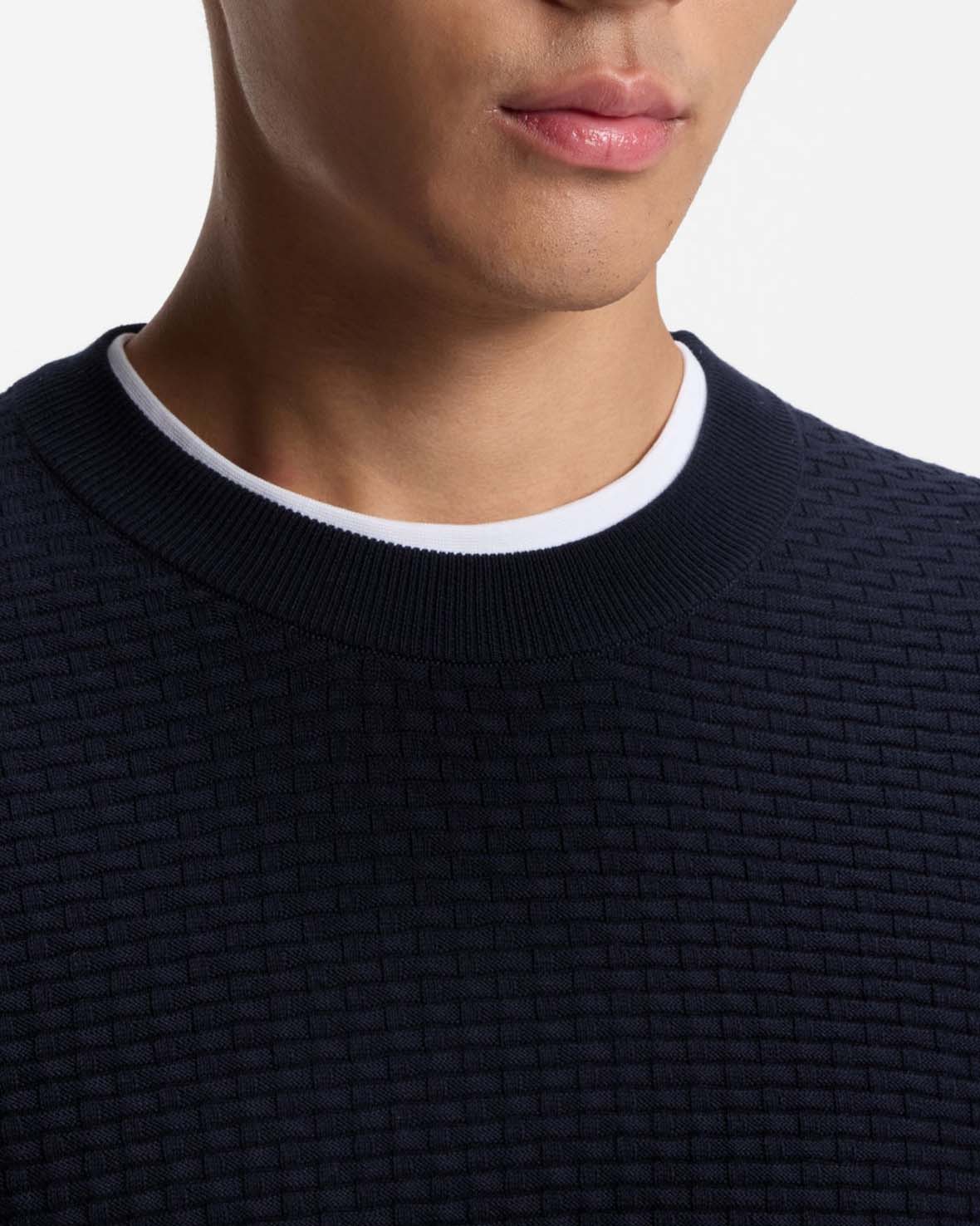 Maglioncino girocollo Boss blu in puro cotone micro mattoncino