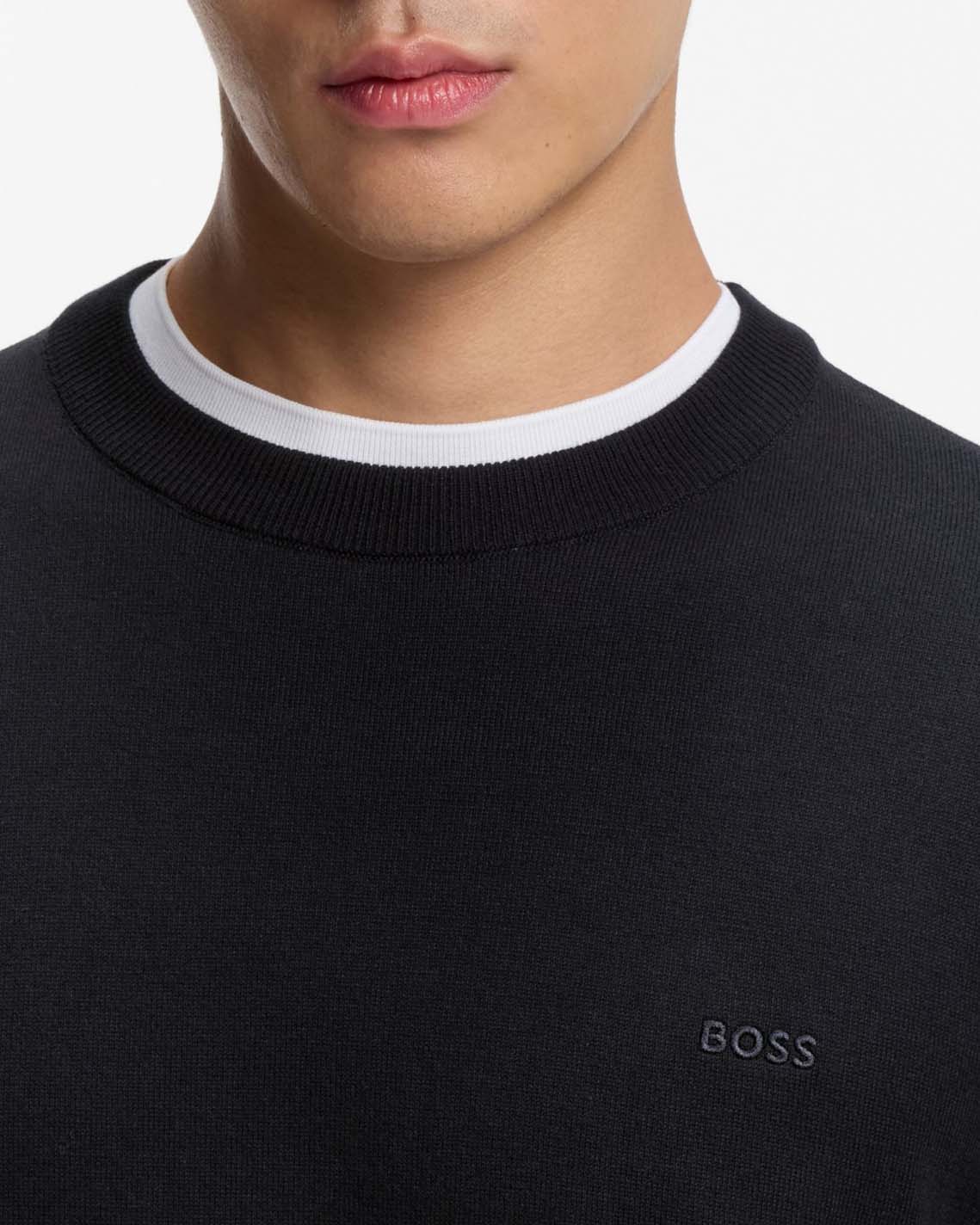 Maglia girocollo Upacas Boss blu in puro cotone con logo ricamato in tono sul petto