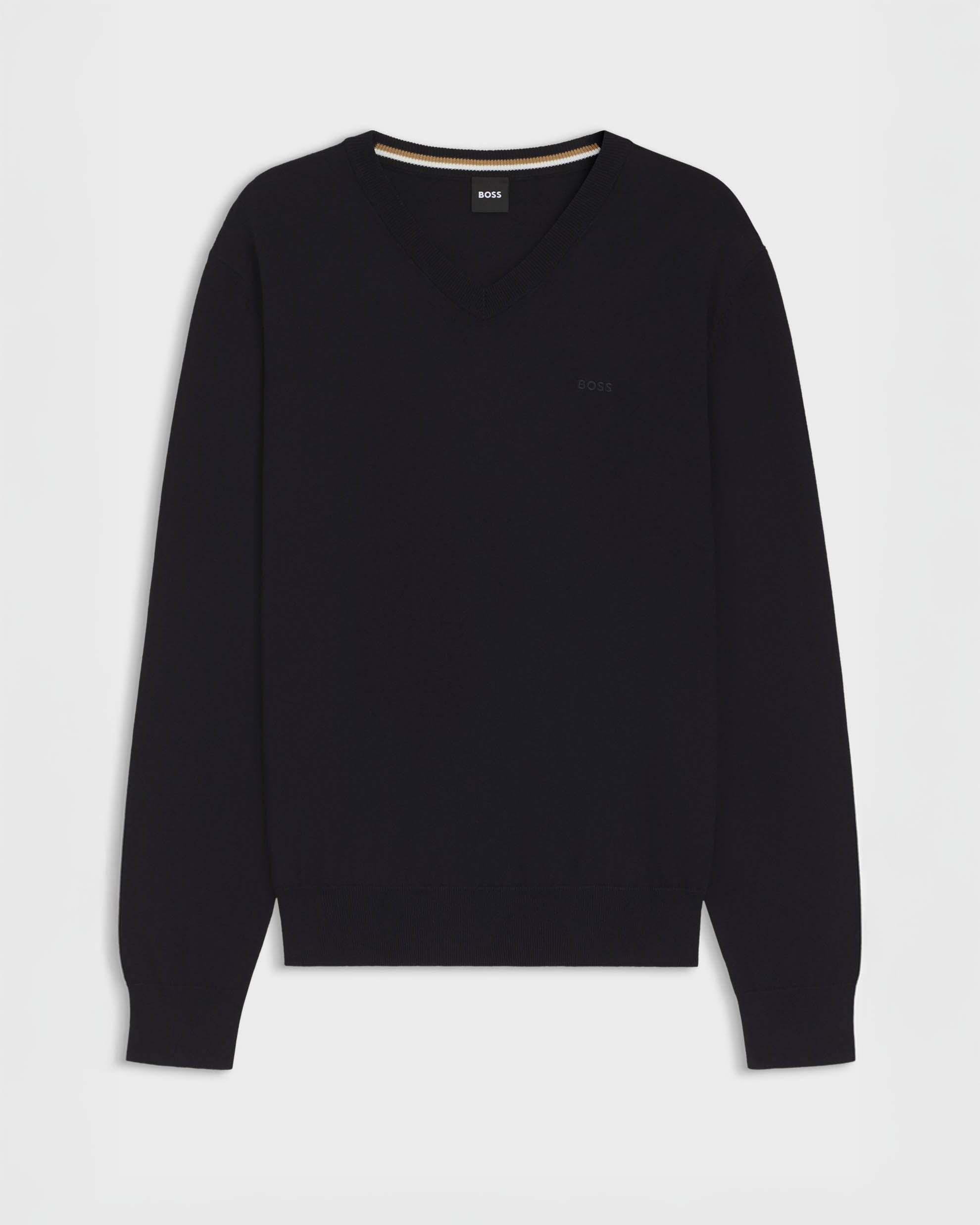 Maglia scollo a V Upacello Boss blu in puro cotone con logo ricamato in tono sul petto
