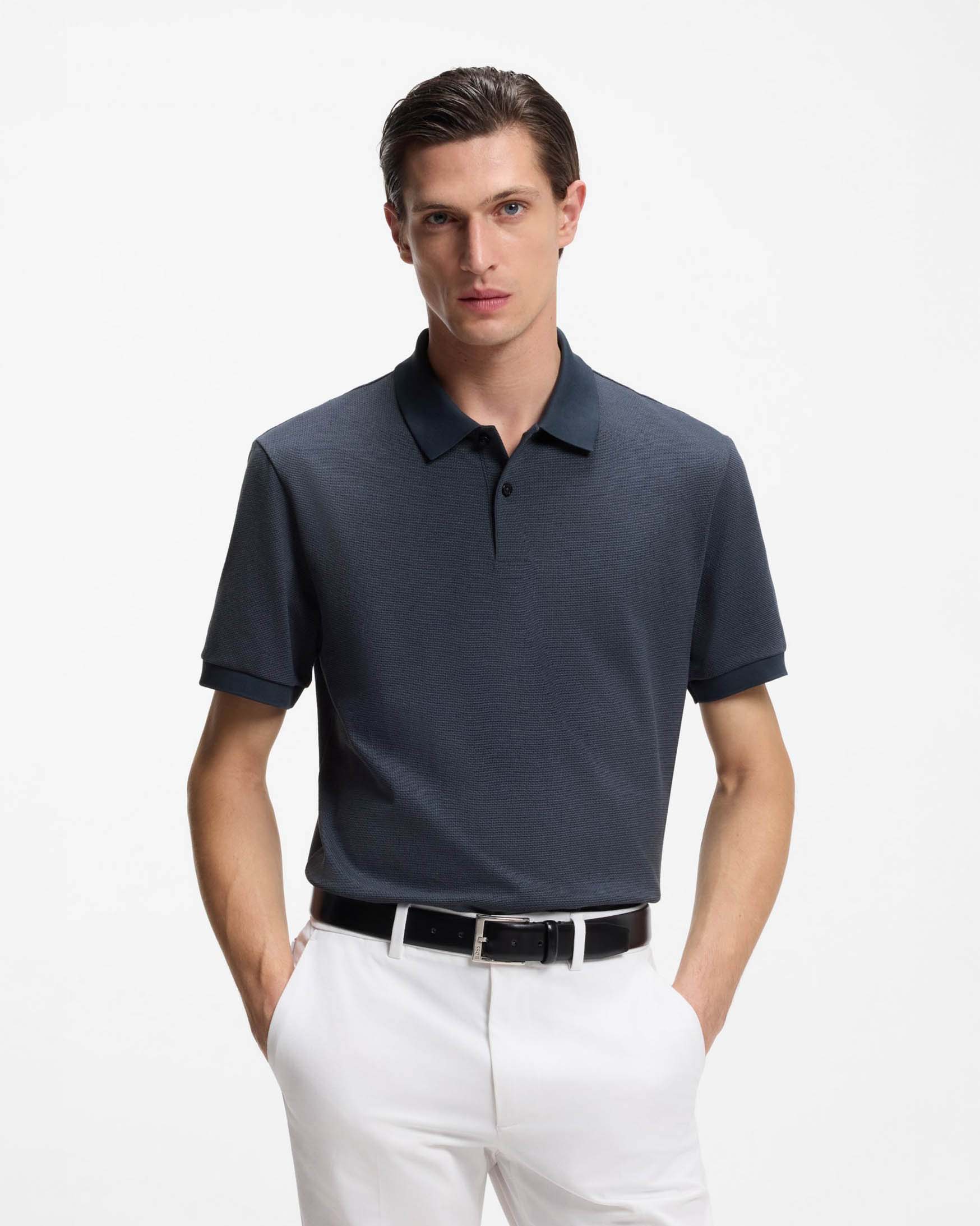 Polo mezza manica Parlay Boss blu in puro cotone micro armatura