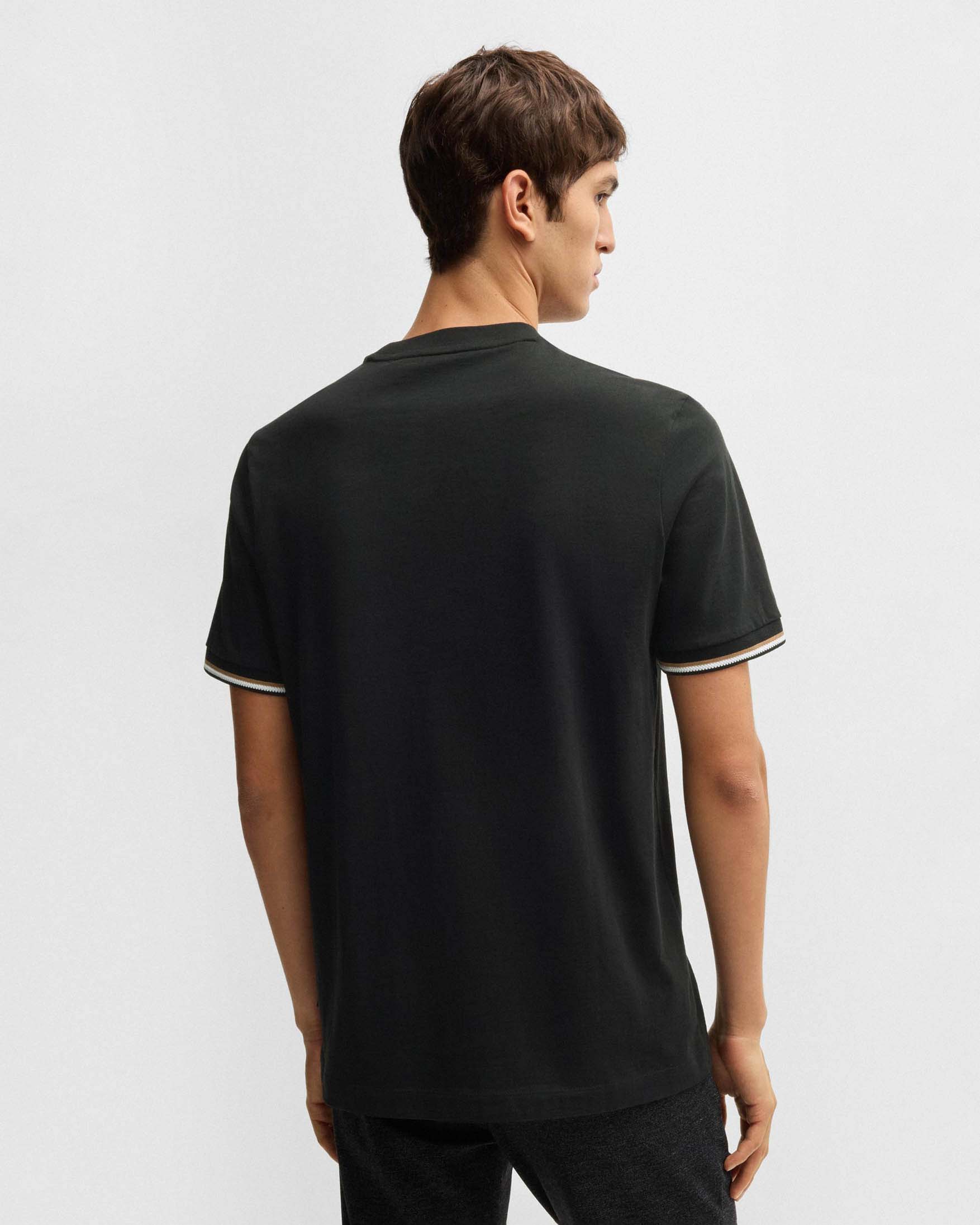 T-shirt Thompson Boss nera mezza manica in puro cotone con bordino tricolore image