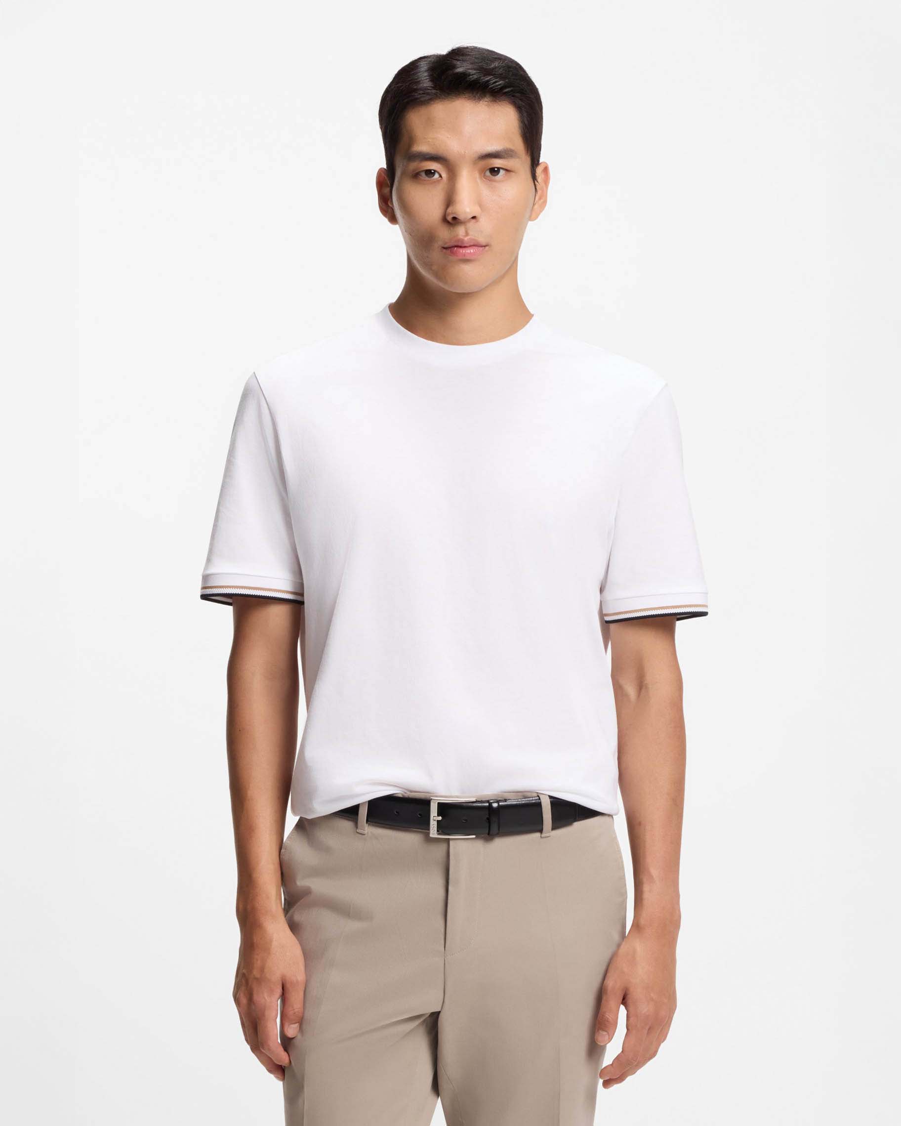 T-shirt Thompson Boss bianca mezza manica in puro cotone con bordino tricolore