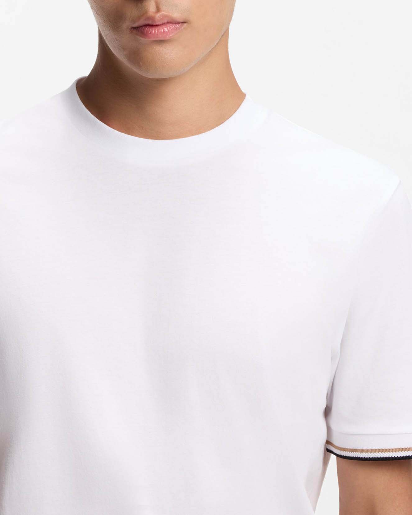 T-shirt Thompson Boss bianca mezza manica in puro cotone con bordino tricolore