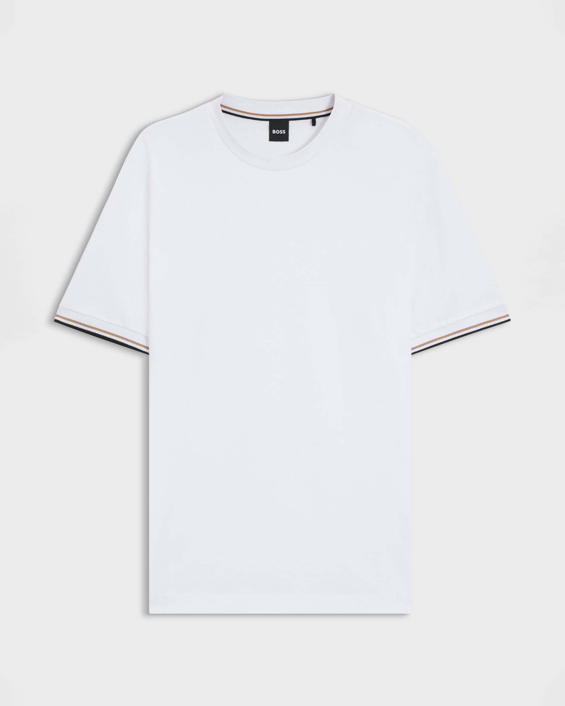 T-shirt Thompson Boss bianca mezza manica in puro cotone con bordino tricolore