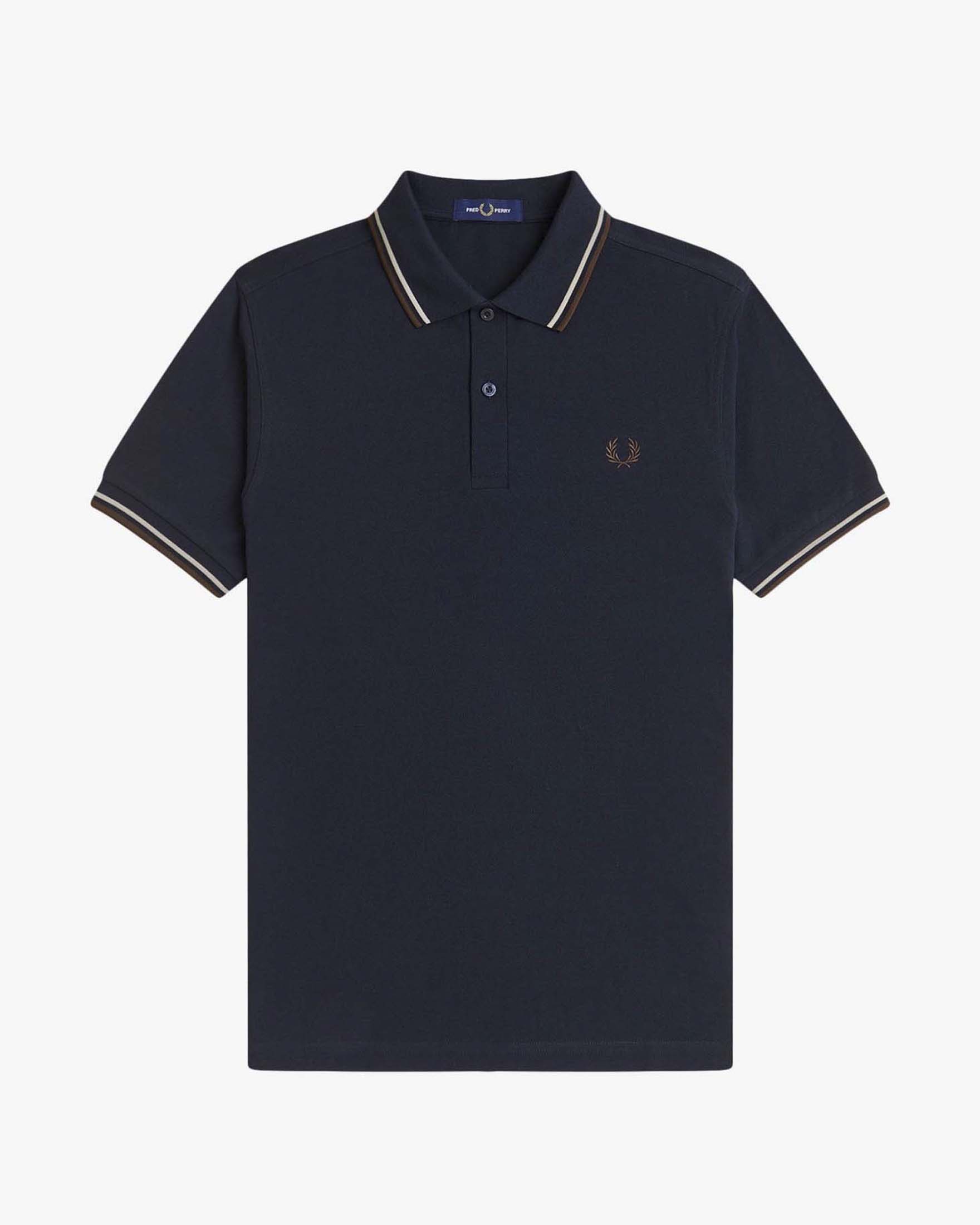 Polo Fred Perry blu mezza manica con bordino bianco e noce