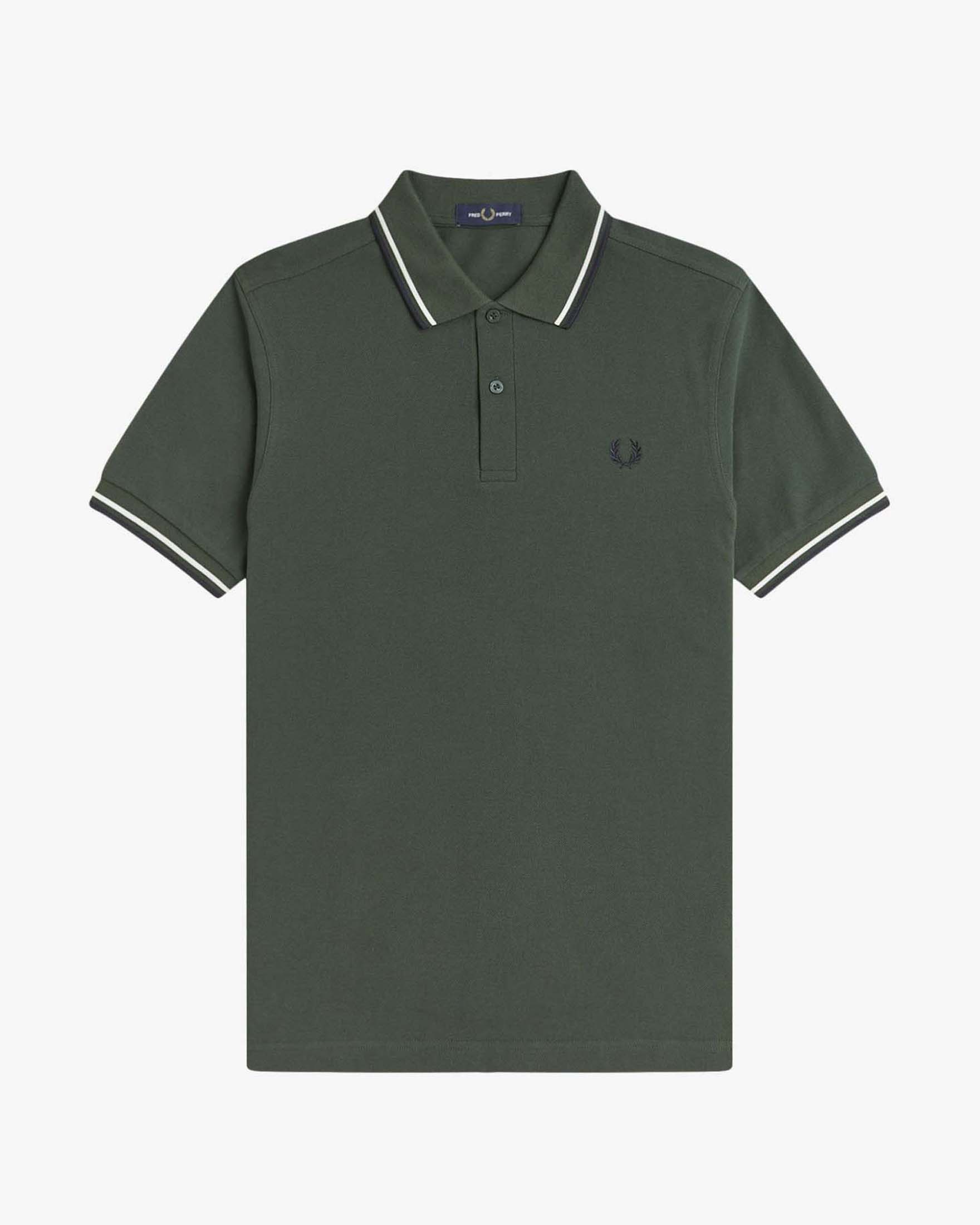 Polo Fred Perry verde militare mezza manica con bordino bianco e blu