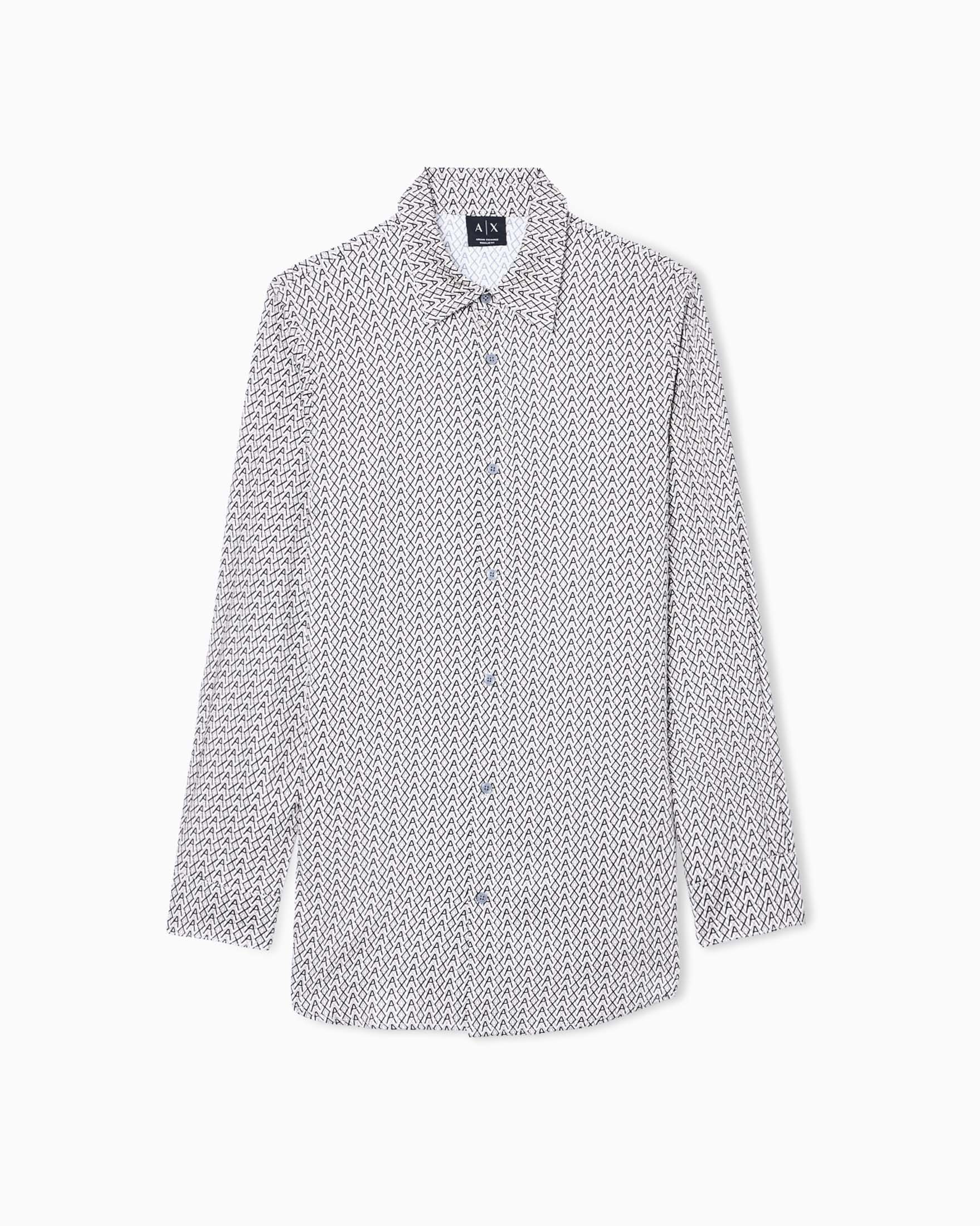 Camicia a maniche lunghe Exchange avorio in viscosa con stampa logo all over