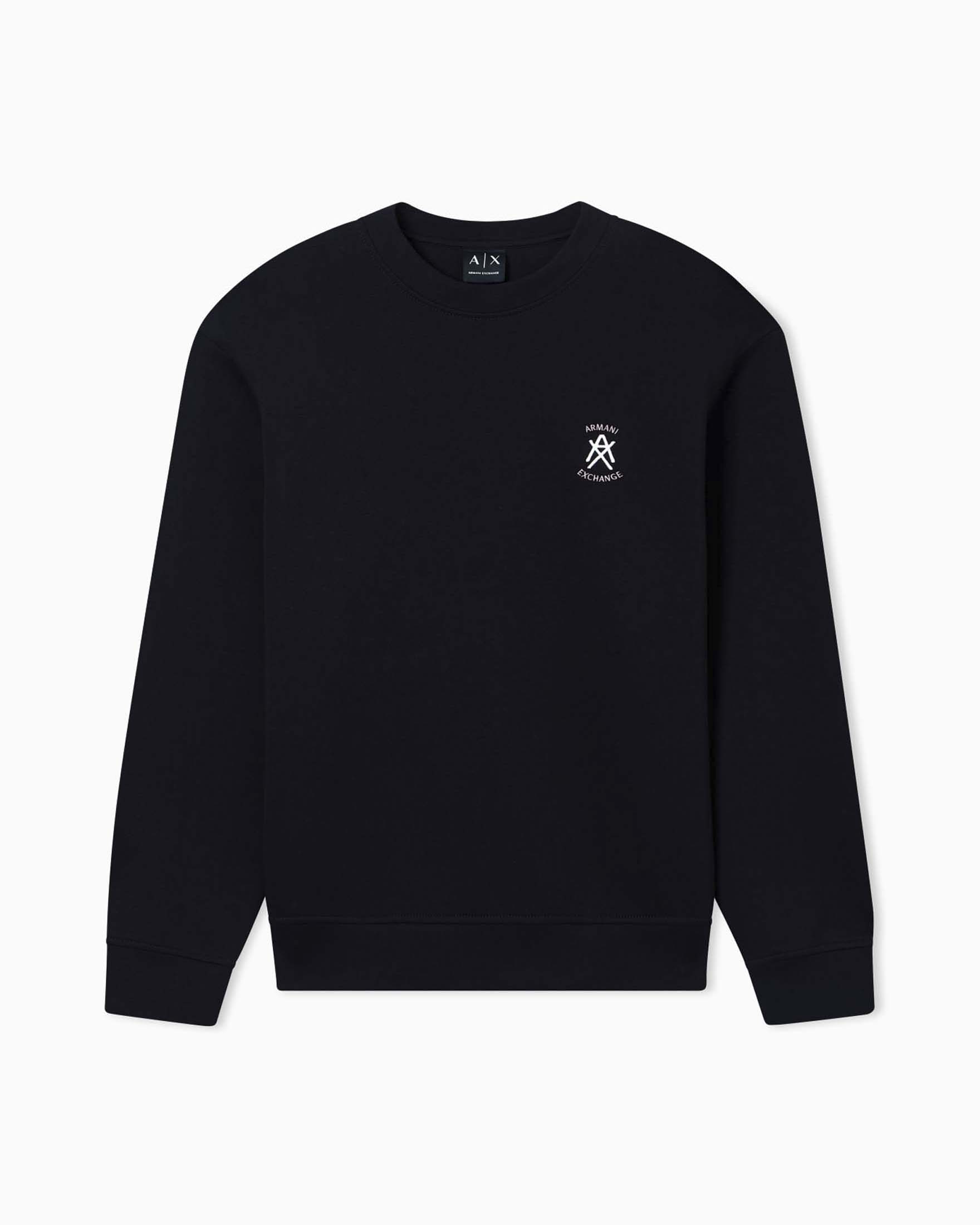 Felpa girocollo Armani Exchange nera in cotone stretch con logo ricamato