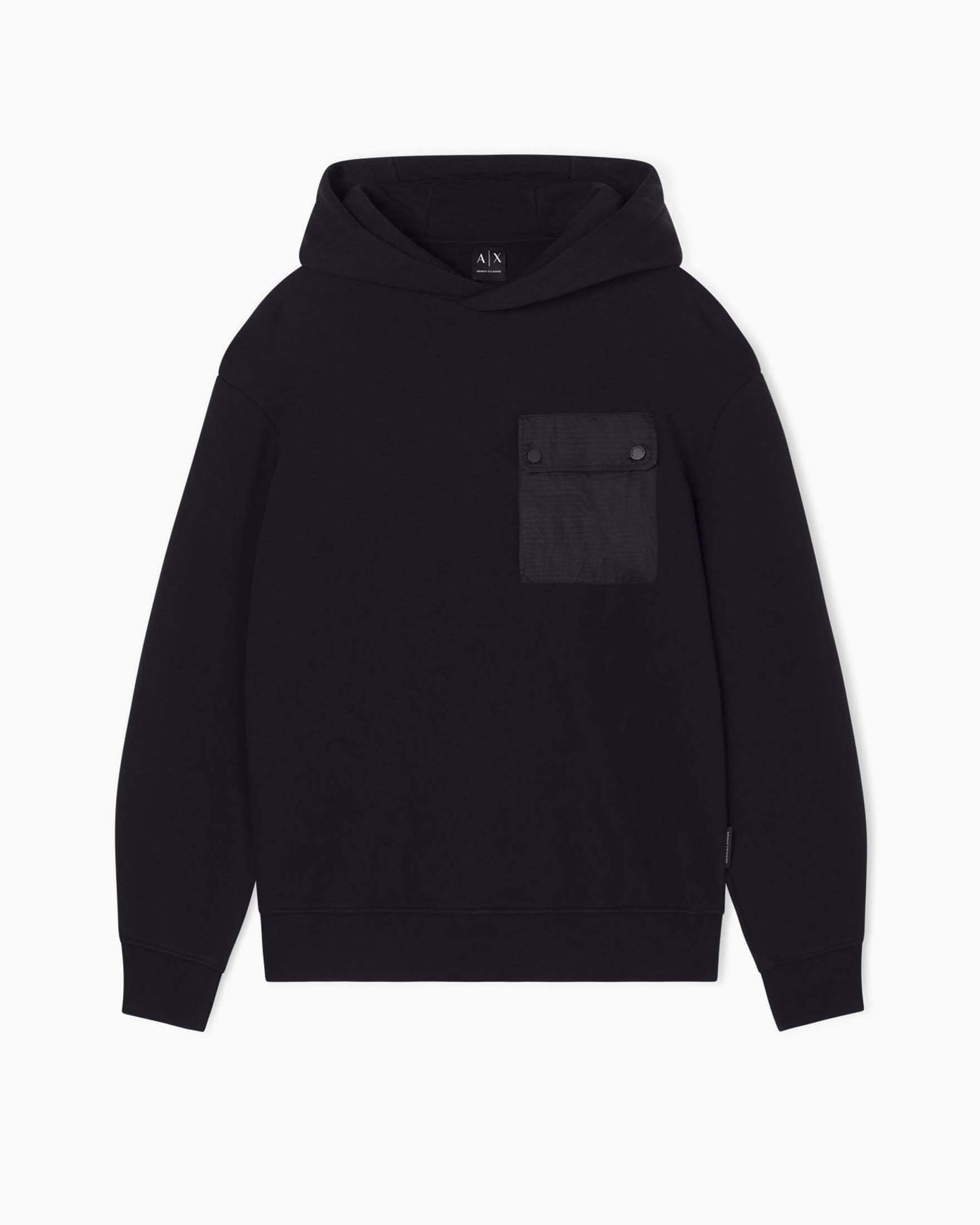 Felpa con cappuccio Armani Exchange nera in cotone con tasca in nylon ripstop applicata
